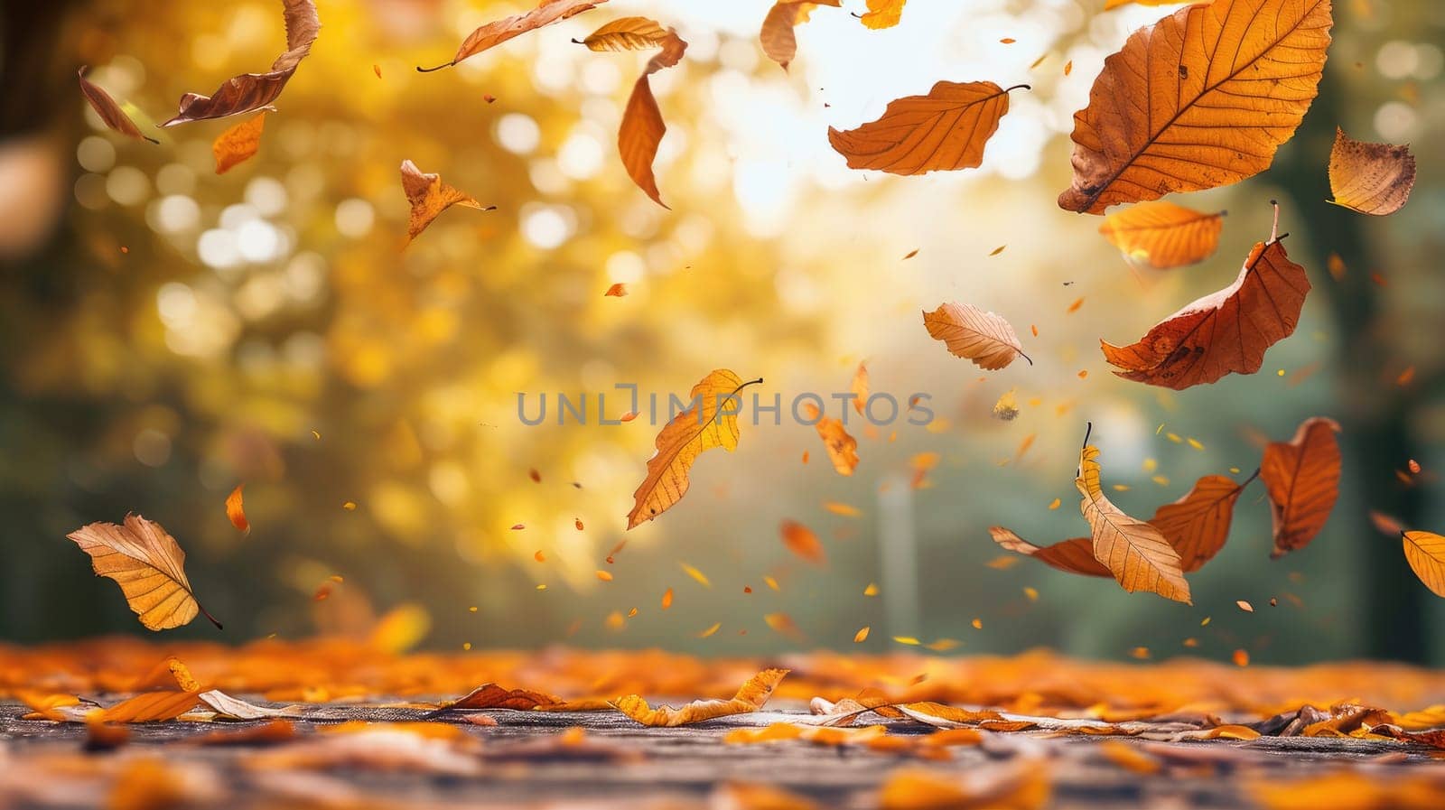 The autumn park is strewn with yellow leaves, creating a colorful palette of autumn colors.