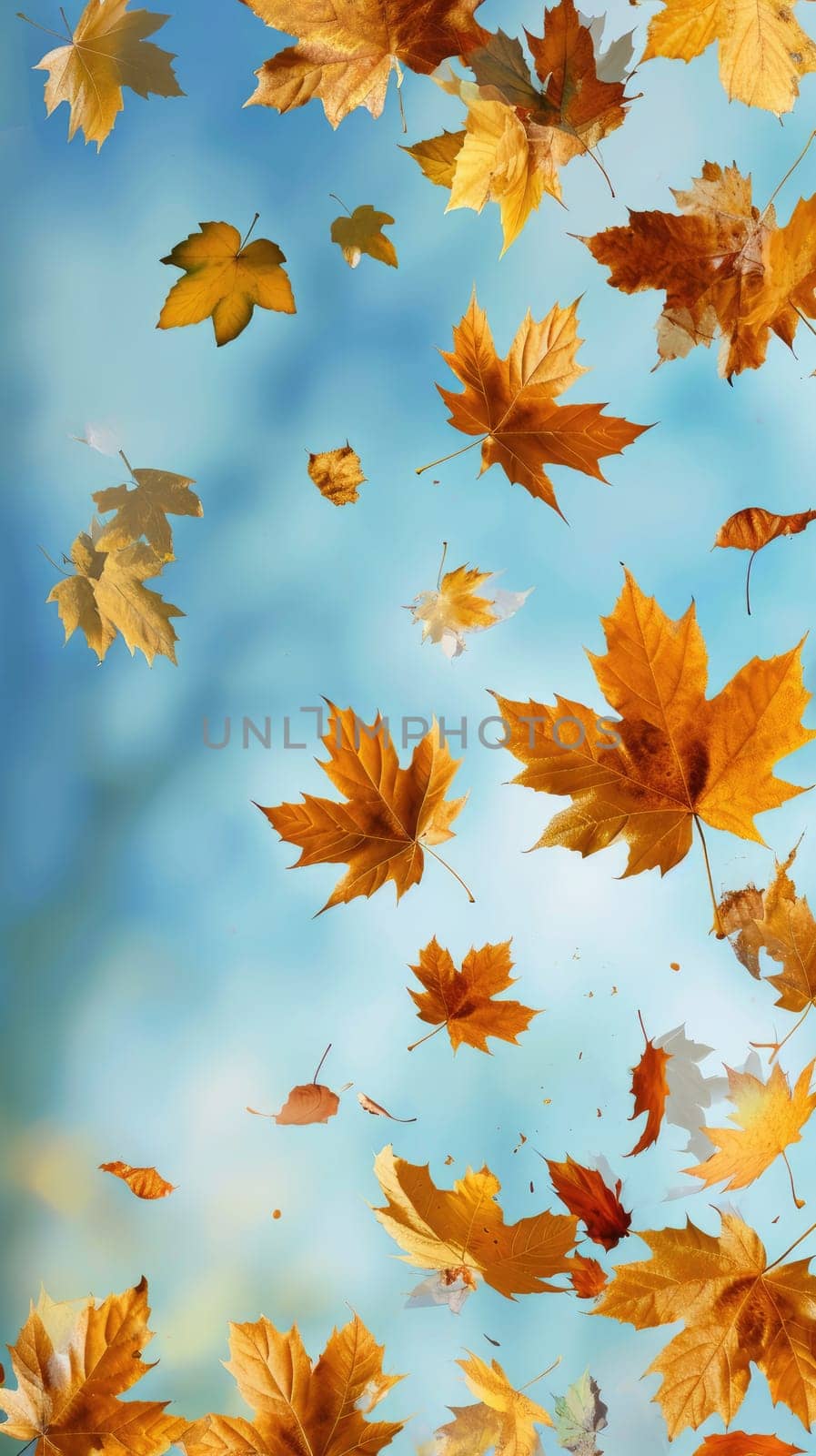 Maple leaves catch the wind, intoxicate the atmosphere of autumn freedom and lightness, creating a colorful picture of the autumn dance of nature.