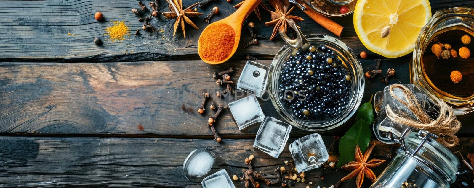 Banner with black caviar and spices on wooden background by Yurich32