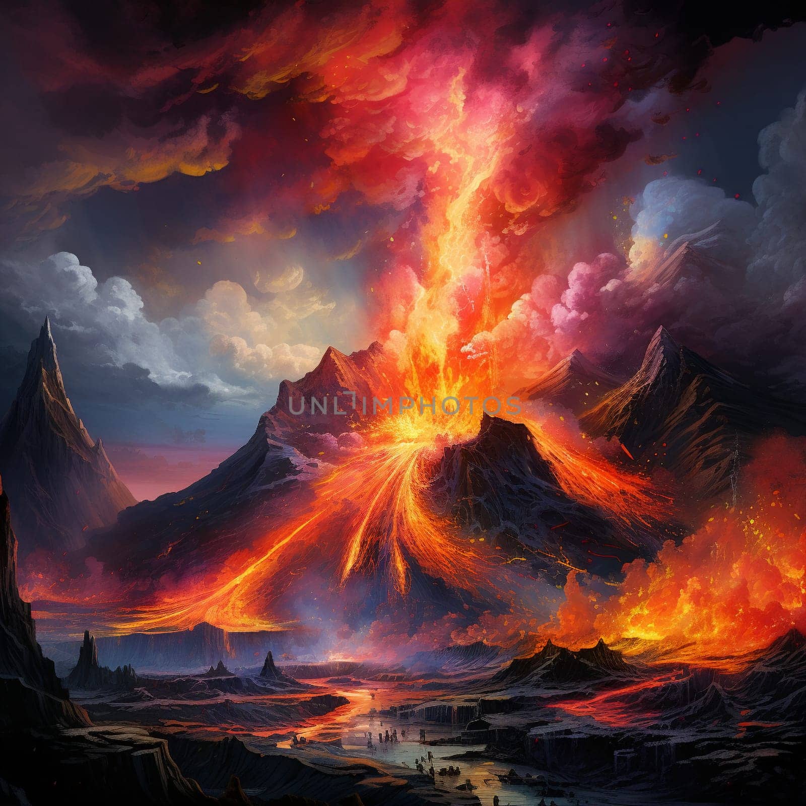 Experience the captivating beauty of nature's fiery symphony in this vibrant and dynamic illustration. A volcanic eruption takes center stage, mesmerizing the viewer with its intense hues and billowing clouds of ash. Molten lava cascades down the mountainside, creating a mesmerizing dance of destruction and creation. The raw power and breathtaking beauty of this scene will leave you in awe.