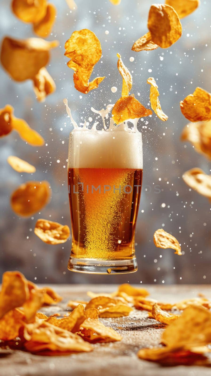 Mysterious image: potato chips seem to float in the air above a glass of fresh beer, creating a mysterious and unusual atmosphere.