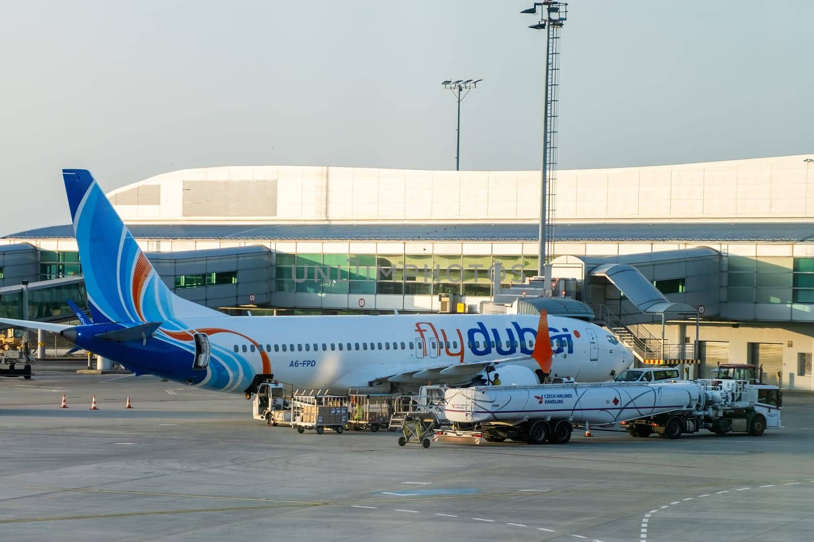 Fly Dubai is prepared for passenger boarding in Prague airport, January 2024, Prague, Czech Republic