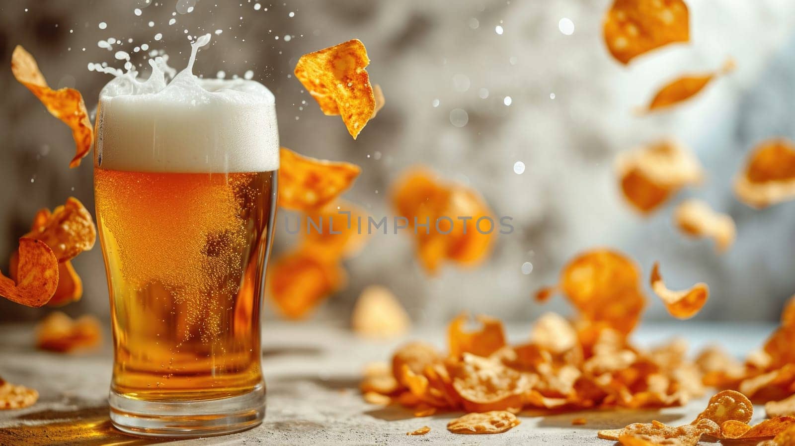 Fascinating image: chips hover over a glass of beer, creating an amazing effect of levitation and magic, inspiring fantasies and creative ideas.