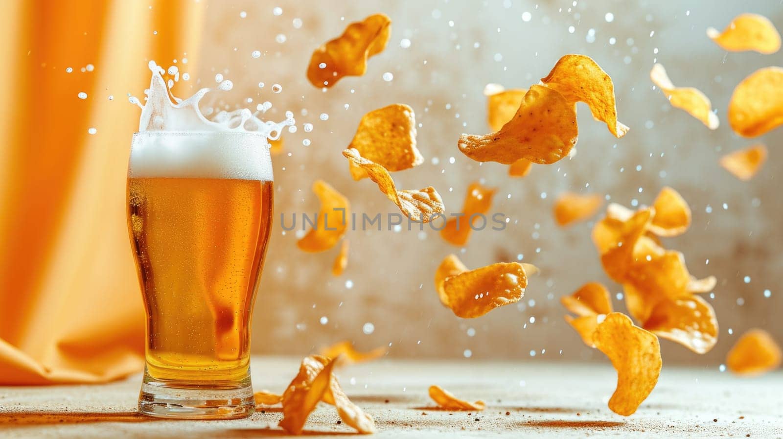 Fascinating image: chips hover over a glass of beer, creating an amazing effect of levitation and magic, inspiring fantasies and creative ideas.