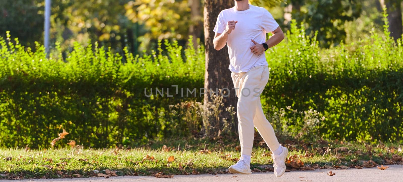 A handsome man maintains his healthy lifestyle as he runs along beautiful natural trails, embodying the essence of fitness, wellness, and vitality in the midst of scenic outdoor surroundings. by dotshock