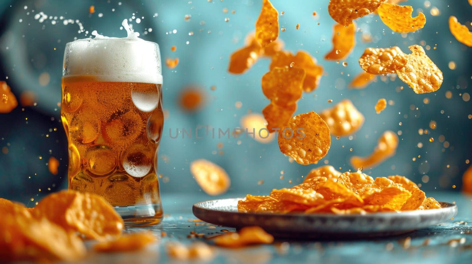 Chips hovering next to a glass of beer on a blue background by Yurich32