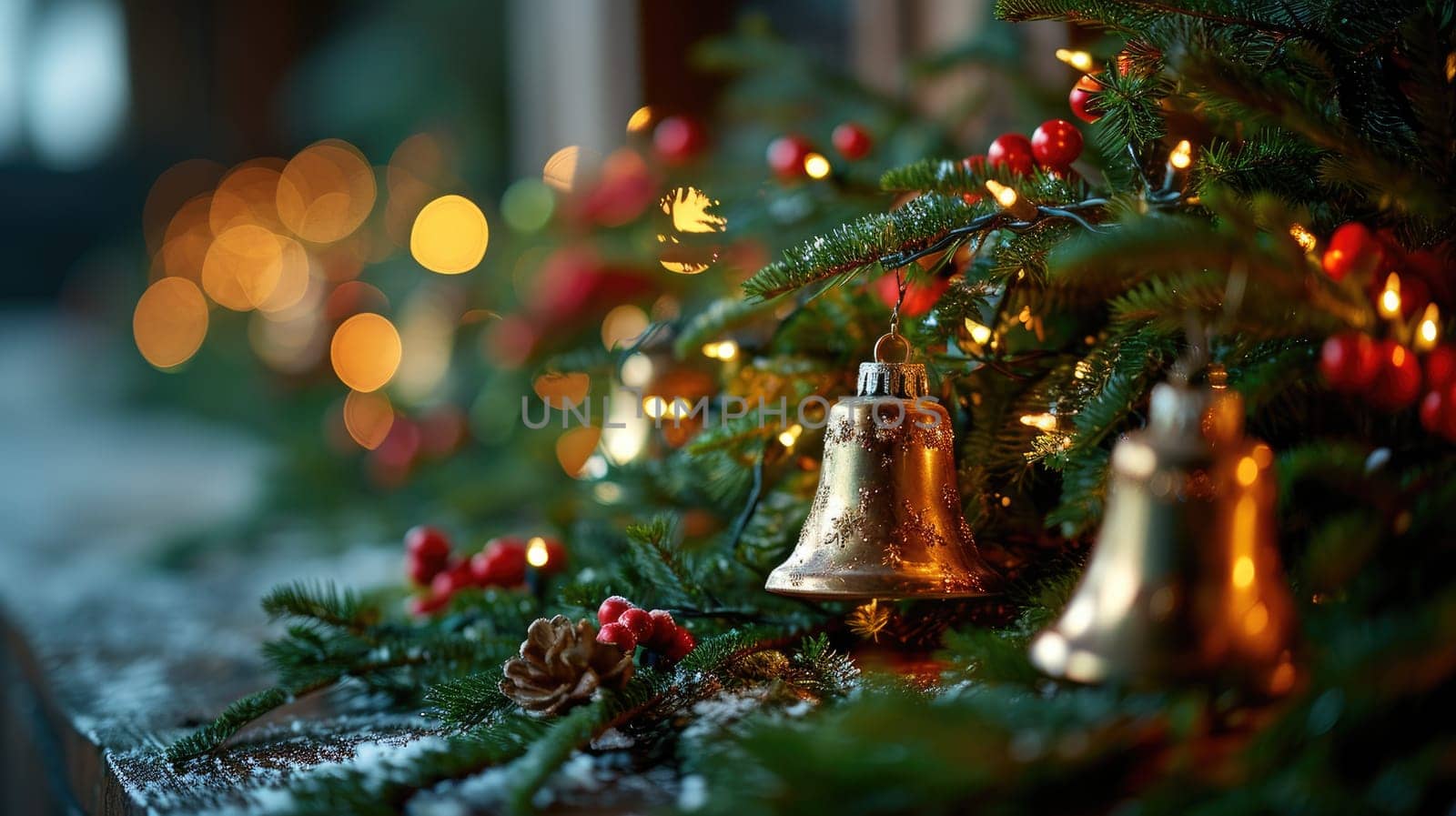 A magnificent image: golden bells perfectly complement the festive Christmas tree with a bright garland, filling the room with magic and joy.