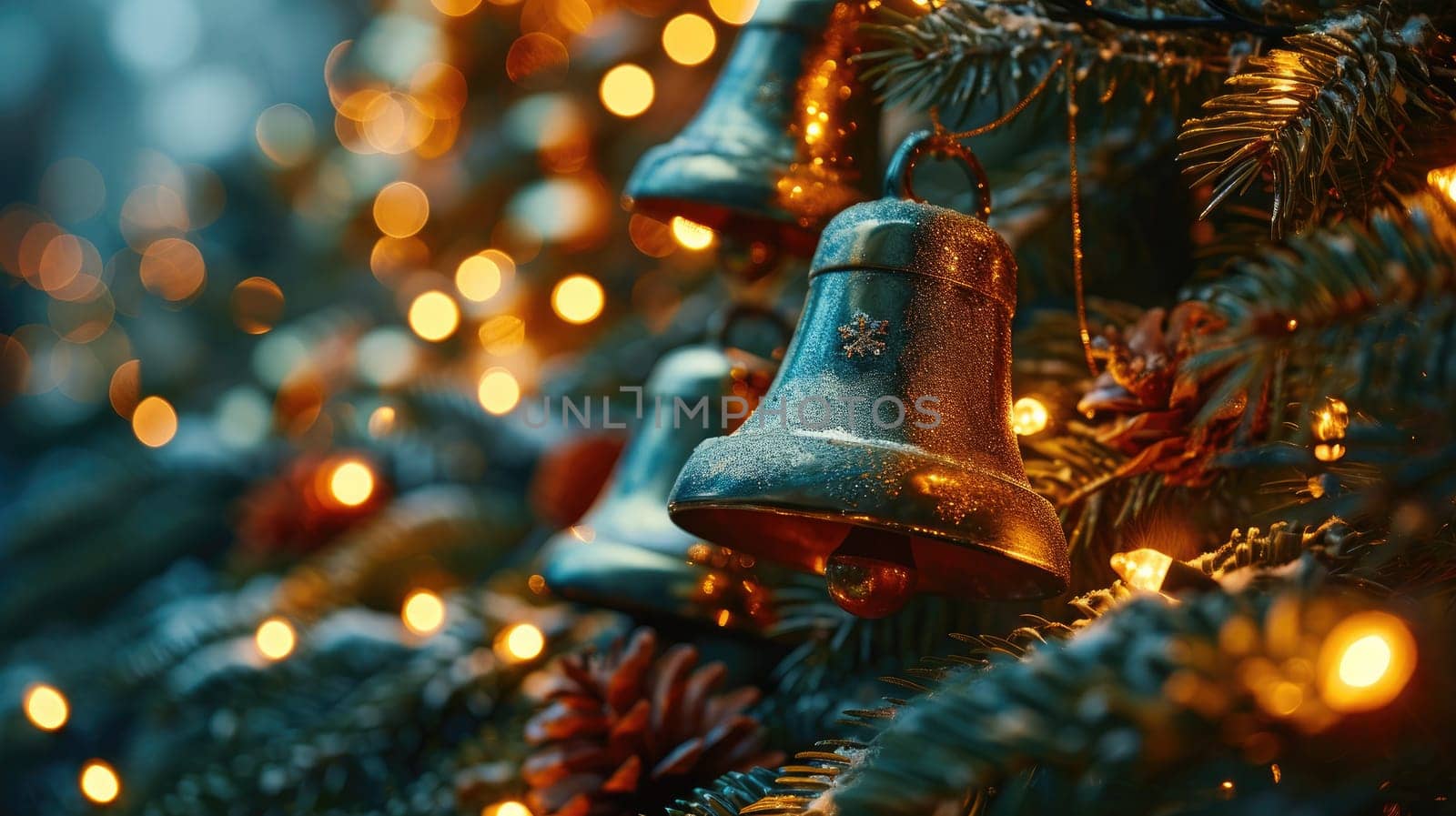 A magnificent image: golden bells perfectly complement the festive Christmas tree with a bright garland, filling the room with magic and joy.