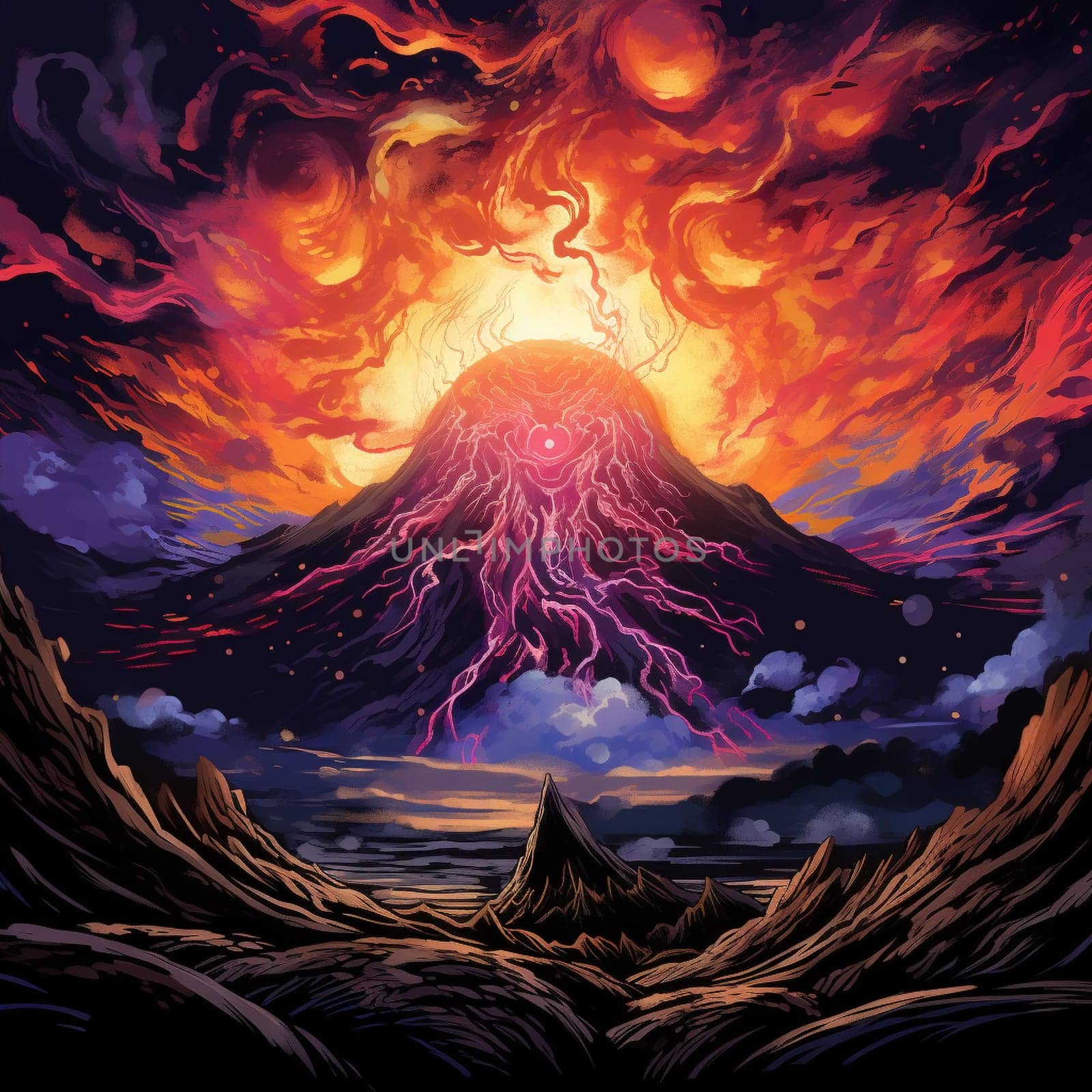 Get ready to be captivated by the mesmerizing scene titled 'Lava's Dance'. In this artwork created in the manga art style, a vibrant and dynamic volcanic eruption takes center stage. The lava gracefully swirls and dances in the air, forming intricate patterns against a dark and dramatic sky. The intense heat, stunning colors, and the raw power of nature combine to create a spectacle that will leave viewers in awe. This mesmerizing display of nature's fury evokes a wide range of emotions, from wonder and fascination to a sense of danger and urgency. The scene deliberately avoids any identifiable landmarks or logos, focusing solely on the beauty and spectacle of the volcanic eruption.