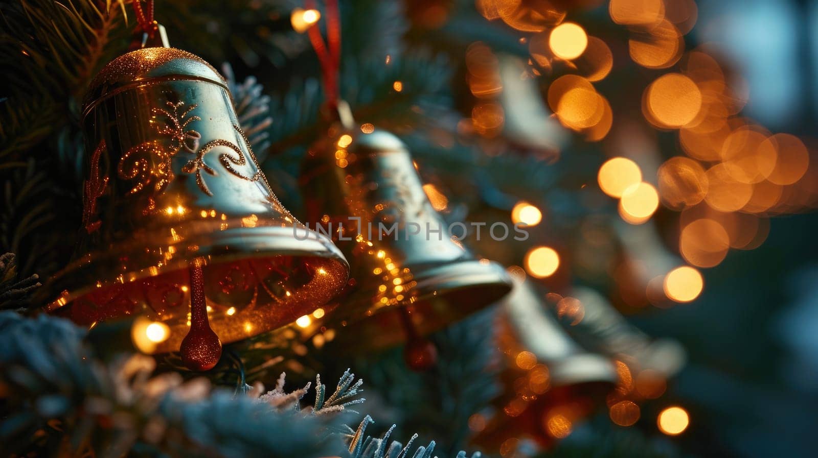 A delightful image: golden bells and a bright garland turn an ordinary Christmas tree into a source of wonderful inspiration and joyful excitement.