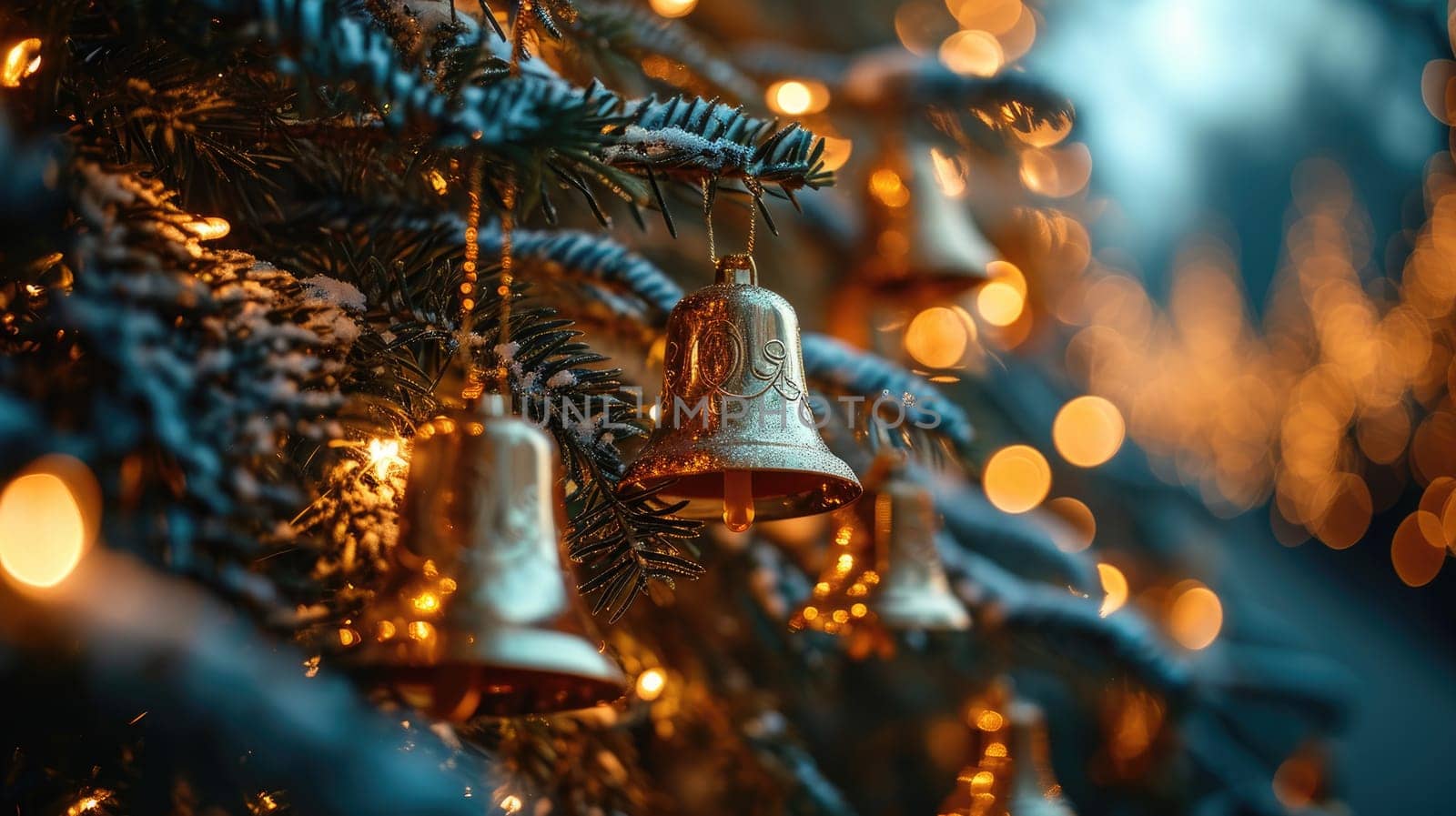 A delightful image: golden bells and a bright garland turn an ordinary Christmas tree into a source of wonderful inspiration and joyful excitement.