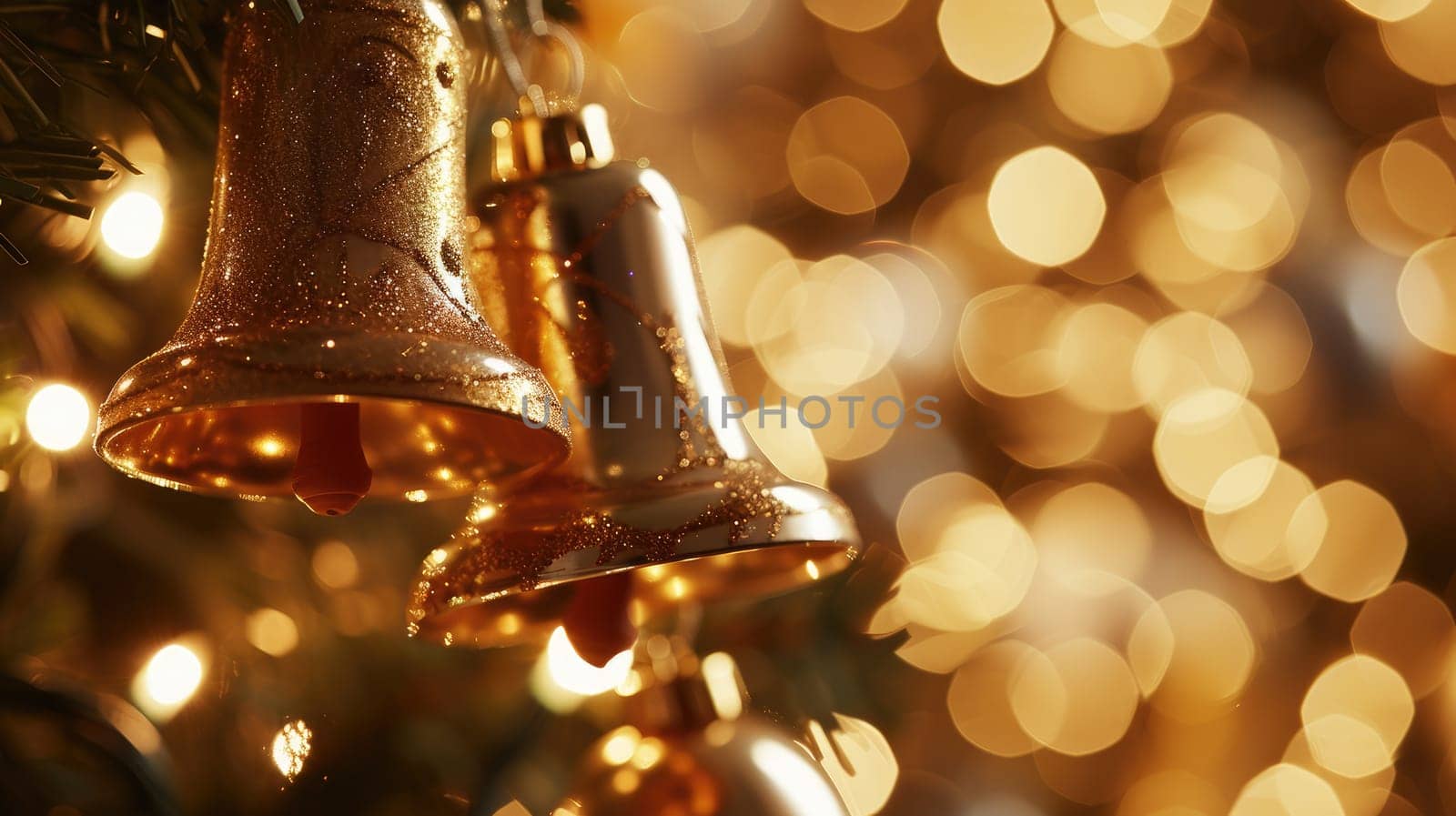 Golden bells create a festive mood on a Christmas tree decorated with a garland.