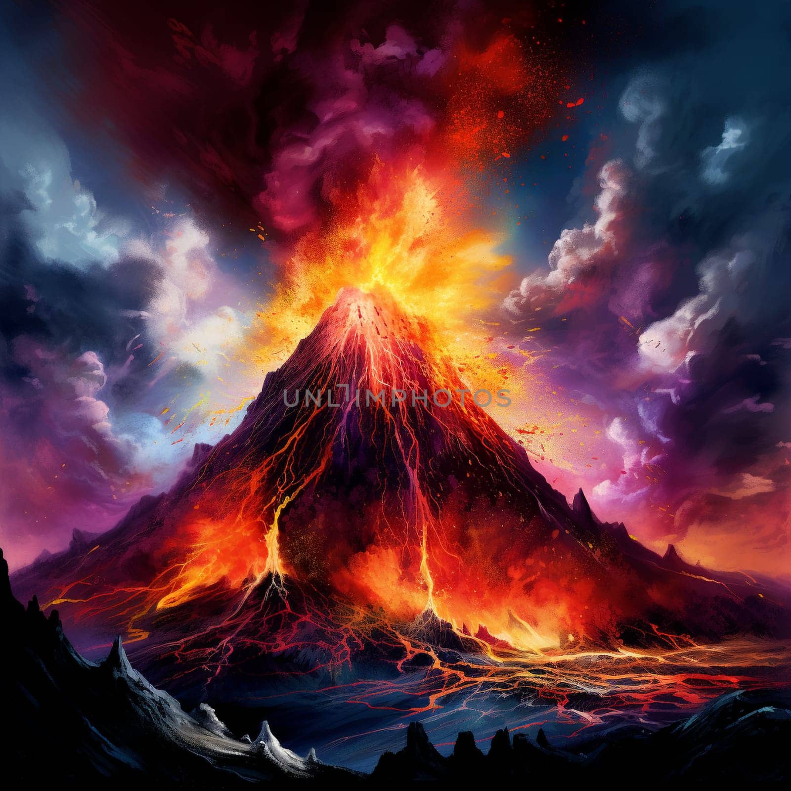 Prepare to be mesmerized by the surreal depiction of a volcanic eruption engulfed in vibrant hues. This captivating image captures the explosive display of fiery power, showcasing the raw intensity of nature's forces. The scene is filled with energy, as flowing lava cascades down the volcano, billowing smoke fills the air, and sparks shoot through the sky. Created in a digital painting style, the high contrast and dynamic brushwork emphasize the dramatic nature of this volcanic event. Get ready to be captivated by the intense beauty and undeniable power of the Fiery Tremor.