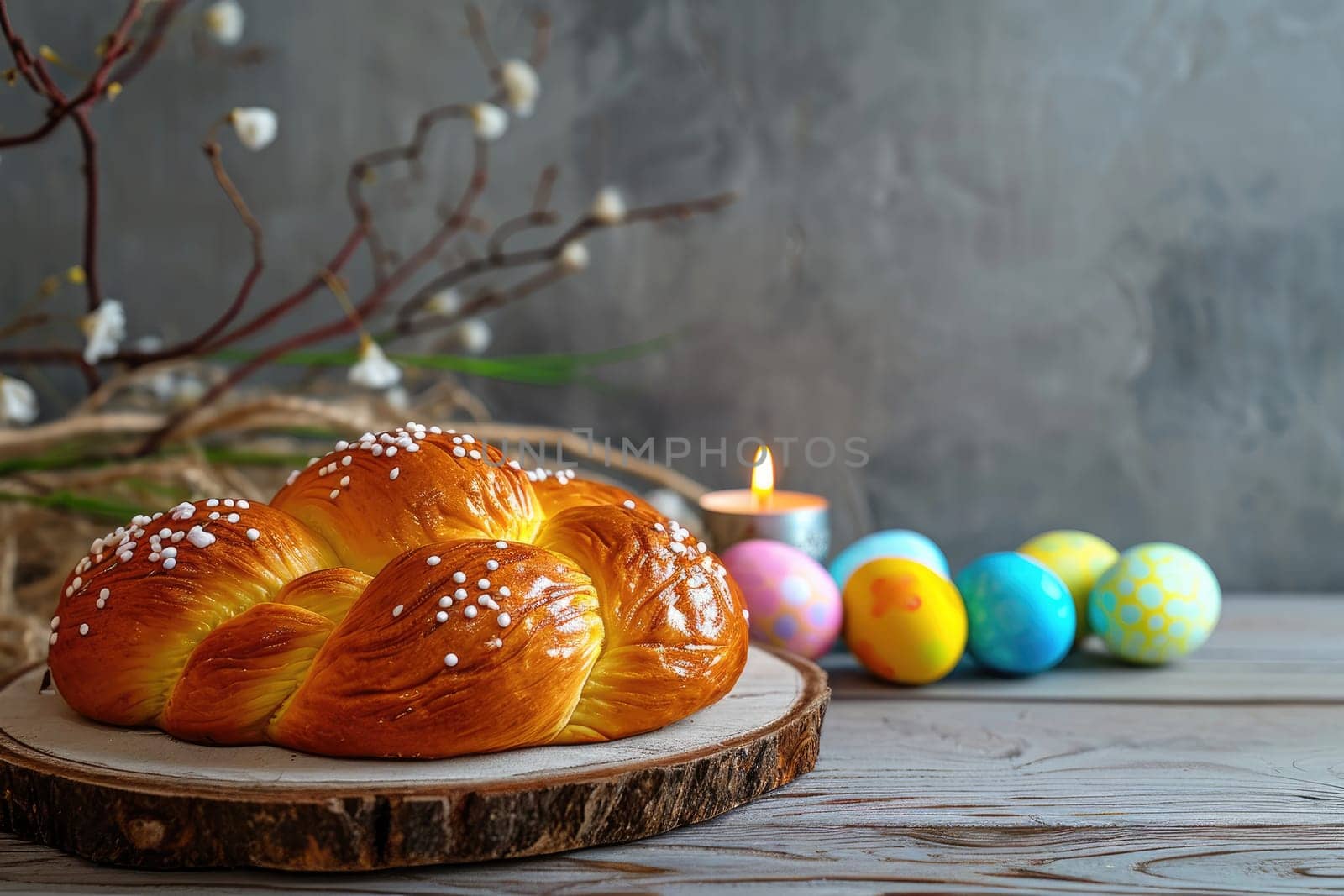 Easter cake and colorful eggs create a festive mood on a wooden table by Yurich32