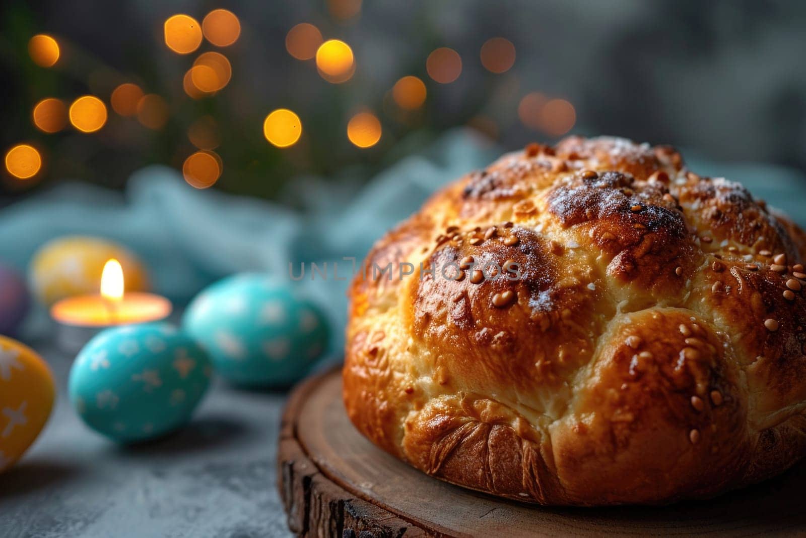 Easter cake and colorful eggs on a wooden table are a reminder of joyful traditions by Yurich32