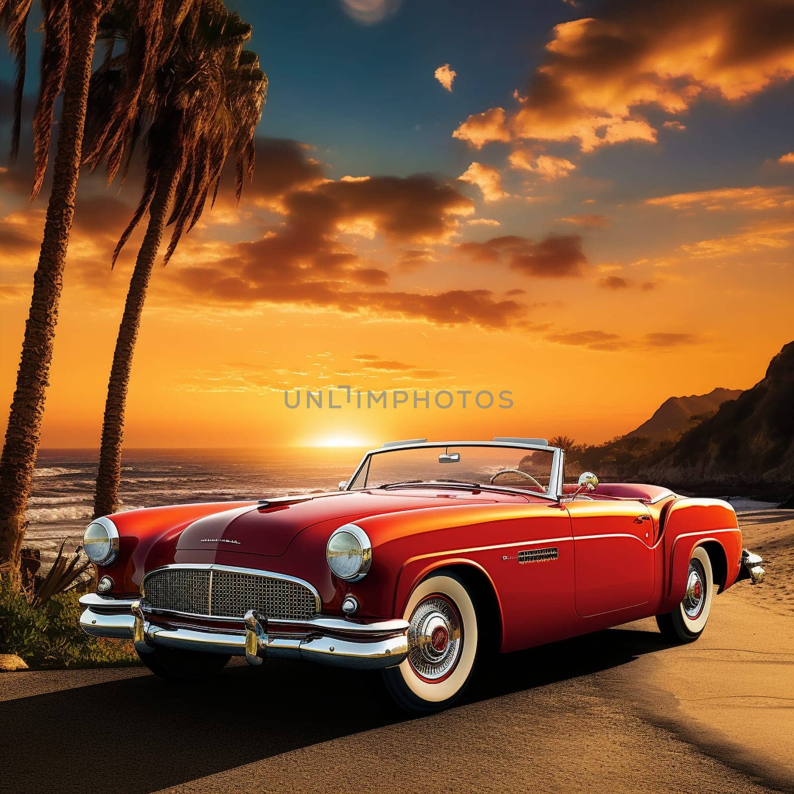 Step into the enchanting era of classic automobiles with this captivating image titled 'The Golden Era: Admiring Vintage Cars'. Transport yourself to a timeless scene that pays homage to the undeniable allure of vintage cars. Marvel at a meticulously restored 1950s convertible effortlessly gliding along a scenic coastal road against a picturesque sunset backdrop. The vibrant hues of the summer sky seamlessly blend with the gleaming exterior of the car, exuding an air of nostalgia and adventure. Witness a couple, elegantly dressed in vintage attire, enjoying a romantic drive along the coast, their smiles reflecting the carefree spirit of the era. This image embraces the aesthetic of the golden age of vintage cars, inviting viewers to experience an era brimming with elegance, style, and the joy of open-road exploration.