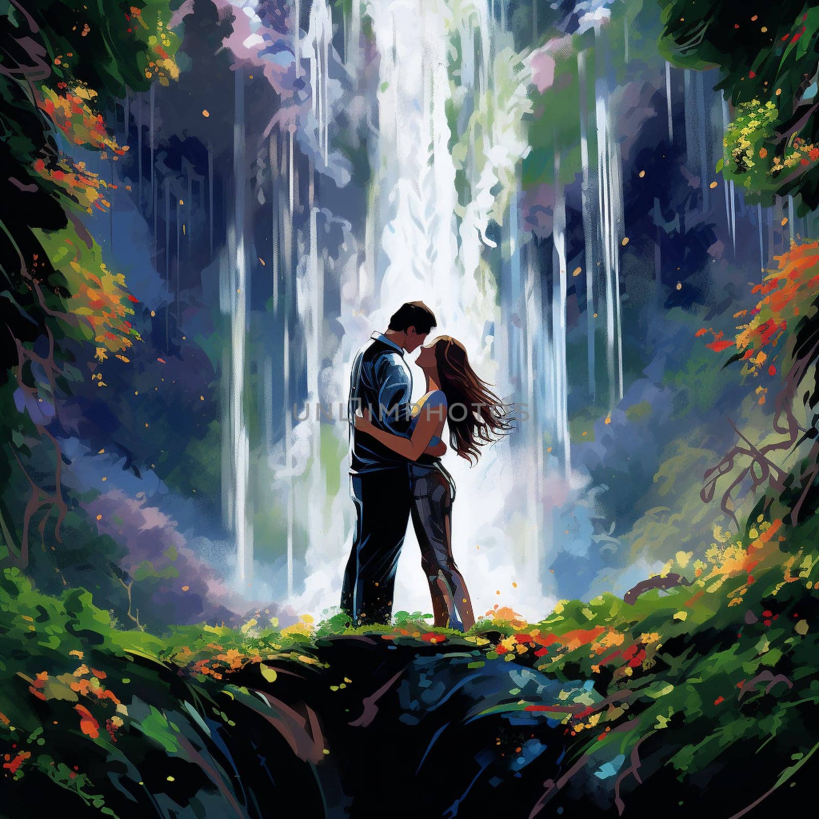 Generate an illustration in the art style of vibrant digital painting that portrays a breathtaking scene. Imagine a couple, dressed in elegant wedding attire, standing on a moss-covered rock beneath a towering waterfall. The cascading water creates a shimmering curtain, while colorful flowers and lush greenery surround the scene. The couple's arms are outstretched towards each other, their faces filled with love and anticipation, as they exchange heartfelt vows. Let their emotions and the magnificence of the natural setting evoke a sense of awe and enchantment.