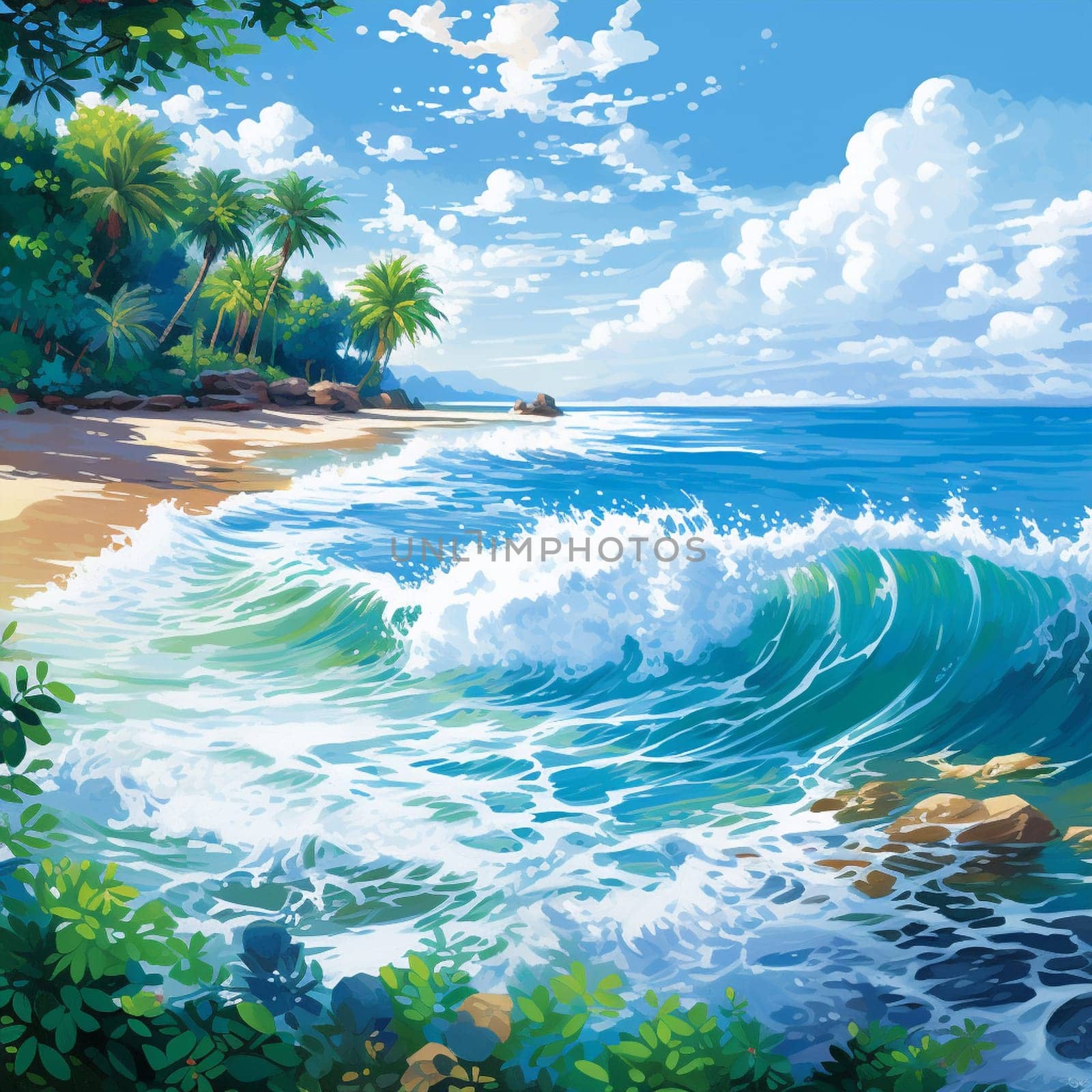 Immerse yourself in the serenity of Whispering Waves, an enchanting artwork that captures the beauty and tranquility of a picturesque coastline meeting a tranquil ocean. In this vibrant, illustrative art style, the gentle waves caress the shore, creating soothing ripples that seem to carry whispers of the ocean's secrets on the breeze. The soft color palette and dappled sunlight cast a warm glow over the landscape, evoking a sense of peacefulness and serenity. Transport yourself to this magical place where nature's whispers embrace you and discover the hidden mysteries of the sea.