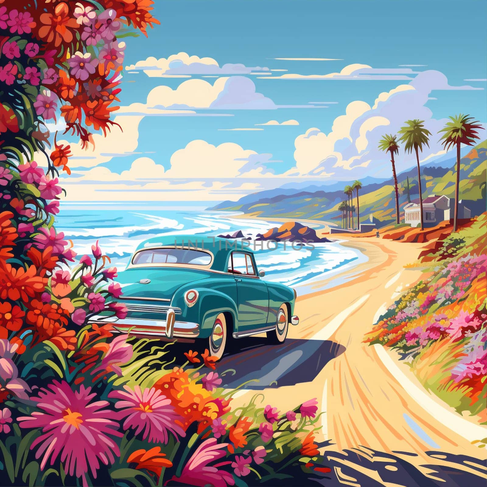 Take a trip back in time with this vibrant image of a vintage car covered in colorful flower decals, cruising down a sunlit coastal road. Reminiscent of retro travel posters from the 1960s, this art style captures the essence of a carefree and adventurous era.