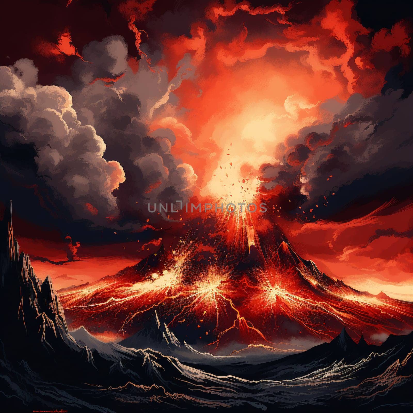 Witness the raw power and captivating beauty of volcanic eruptions in this microstock-friendly art style. The image portrays a fiery volcano erupting with enormous force, unleashing cascades of lava and billowing clouds of ash. The intense inferno and chaotic display of nature's might evoke feelings of awe and danger.