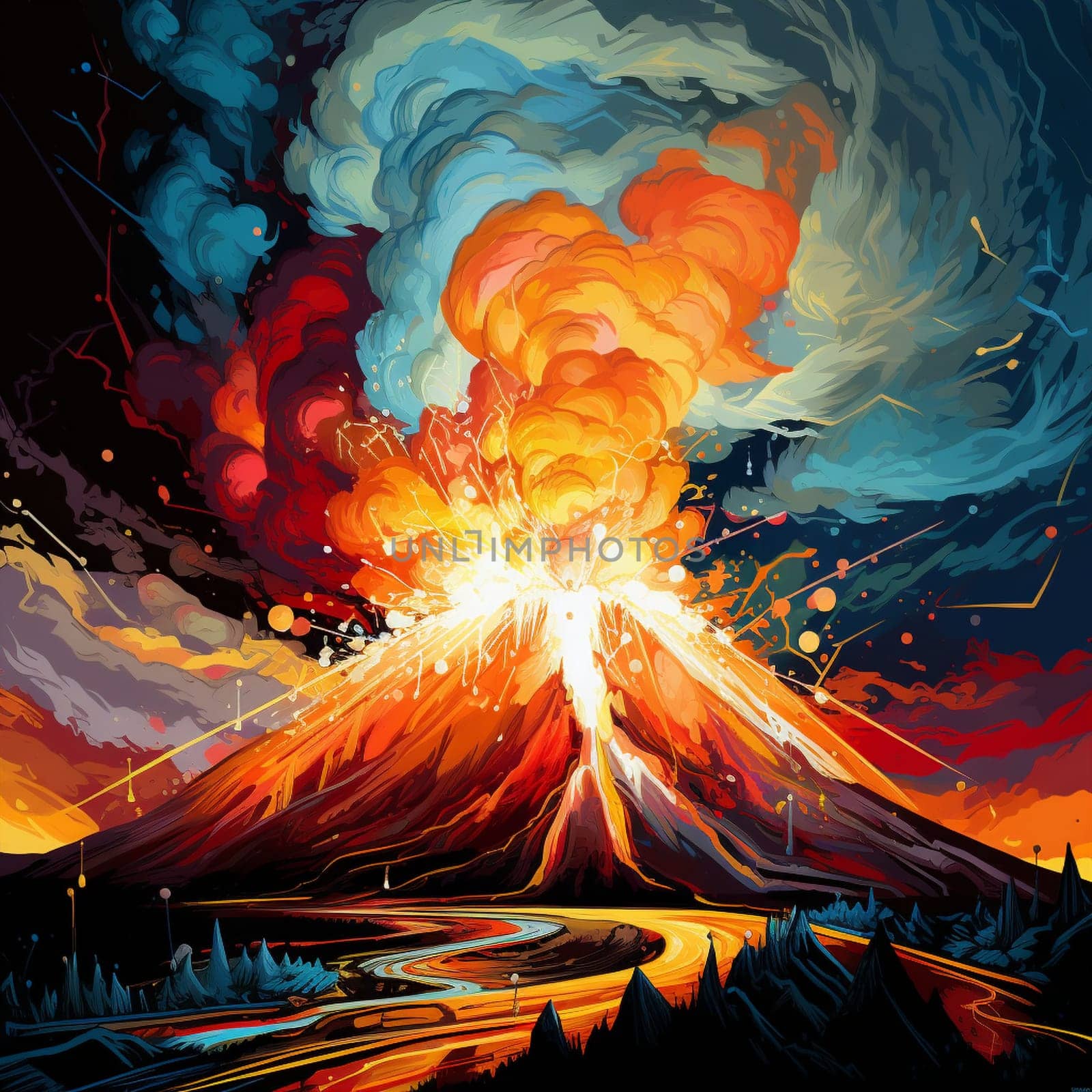 Experience the captivating power of nature with this vibrant and dynamic artwork featuring a flaming tornado erupting from a volcano. This stunning image is suitable for microstock sites and will surely catch the eye of viewers looking for bold and captivating visuals.
