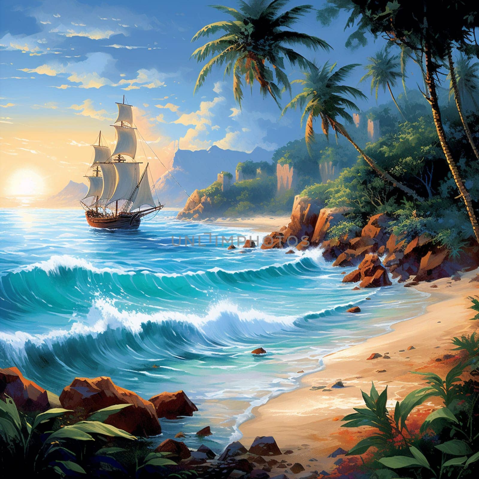 Get ready to embark on an adventure with this breathtaking artwork in a realistic art style. The image depicts a vast expanse of crystal-clear turquoise waters gently caressing a pristine, white sandy beach. In the distance, a rugged, towering cliff emerges from the ocean, adorned with lush, vibrant greenery. A lone sailboat elegantly glides across the waves, capturing the essence of adventure and discovery. The sky is a mesmerizing blend of warm oranges and pinks, illuminated by the last rays of a breathtaking sunset. This captivating image is sure to evoke wonder, wanderlust, and inspire dreams of embarking on an epic maritime journey.
