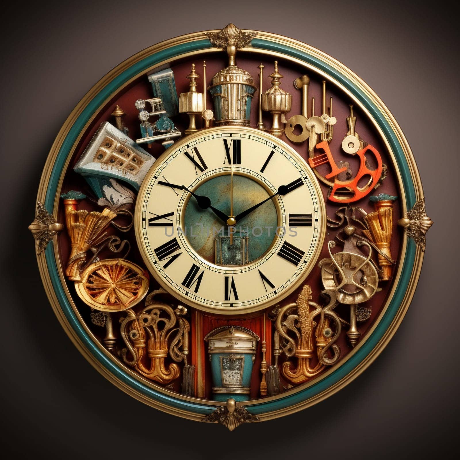 Step into the world of whimsy and nostalgia with this enchanting image titled 'Antique Symphony: Melodies of Time in Vintage Clocks.' In this imaginary scene, a grand stage is adorned with finely crafted vintage clocks, each representing a different musical instrument. The vibrant, crisp colors resemble an old oil painting style, bringing the scene to life with a touch of timeless beauty. The hands of the clocks transform into musical notes, creating a harmonious melody that fills the air. The clocks wear tiny musical conductor uniforms, adding a whimsical touch to the orchestra of time. The pendulums of the clocks float like conductor's batons, emitting cascades of melodic harmonies. This captivating blend of vintage charm and musical whimsy evokes a sense of nostalgia while celebrating the wonders of time in a unique and magical way.