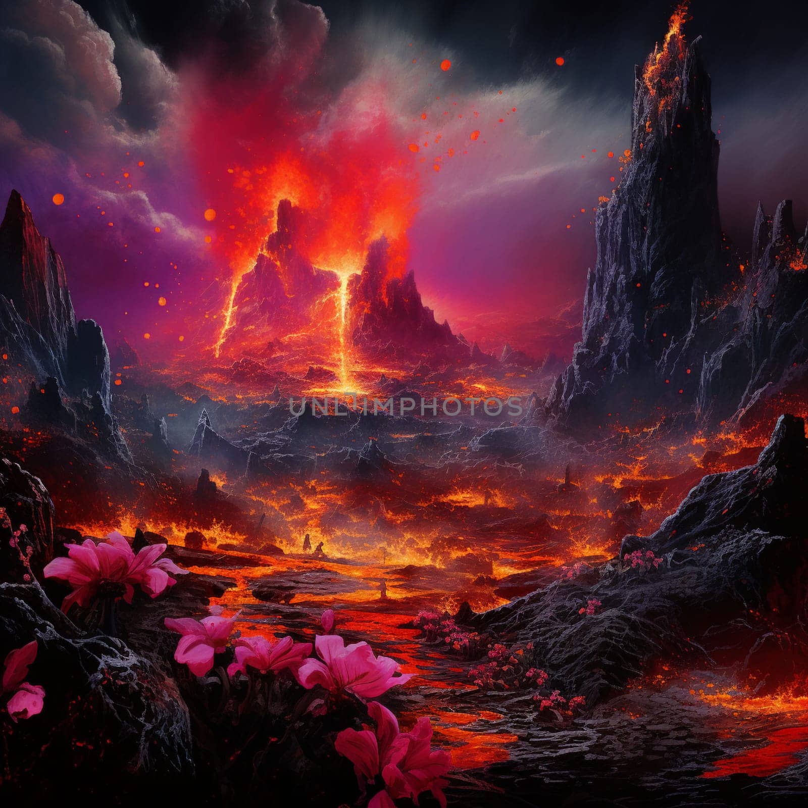 Experience the surreal and vibrant landscape of Molten Awakening, where fiery lava erupts from unexpected sources, intertwining with elements of nature. In this captivating scene, vibrant flowers made of molten lava bloom amidst a dense forest, casting an otherworldly glow that fascinates the senses. The artwork showcases a vivid and energetic art style, emphasizing the stark contrast between the destructive power of the volcano and the mesmerizing beauty it creates.