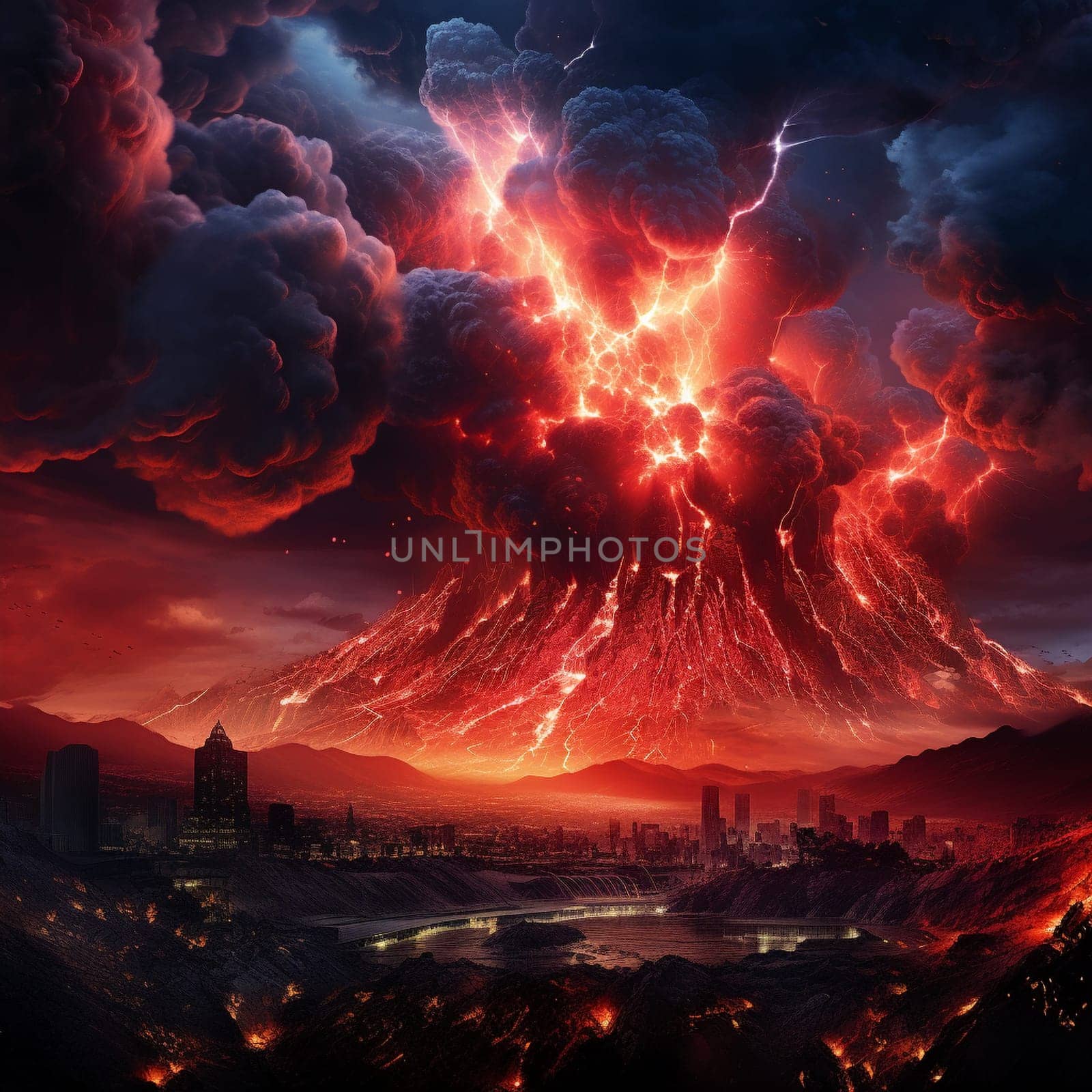 Experience the awe-inspiring sight of a surreal volcanic eruption engulfing a futuristic cityscape in the image titled 'Blazing Torrent.' The vibrant eruption illuminates the night with its fiery glow, casting a mesmerizing spectacle for the beholder. Watch as a cascading torrent of lava pours forth with incredible force and heightened intensity, contrasting against the glittering lights of the urban skyline. The dynamic scene is further accentuated by billowing clouds of ash and smoke, capturing the raw power and beauty of this volcanic phenomenon.