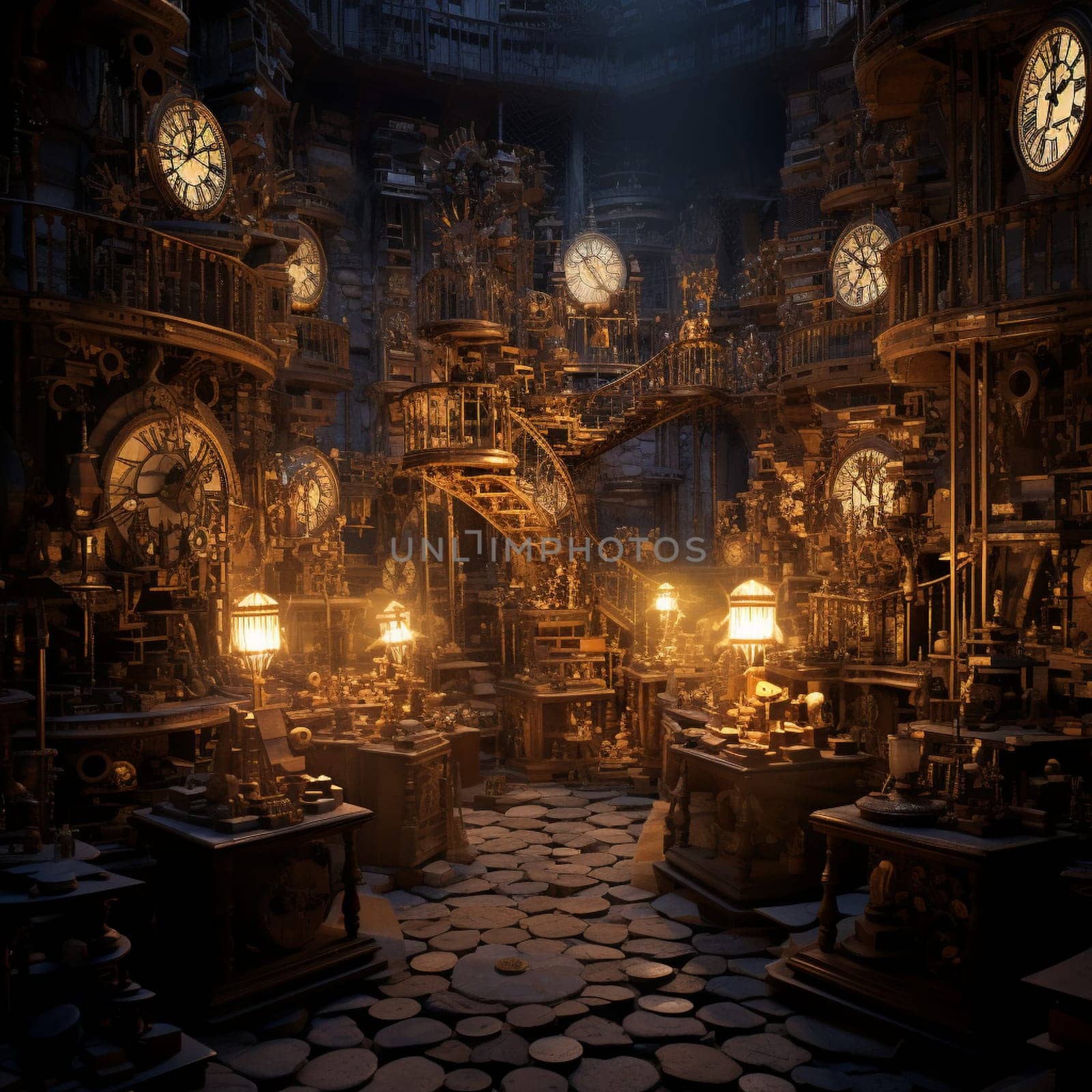 Step into a world of wonder with this surreal grand library filled with shelves upon shelves of vintage clocks. Each clock is frozen at a different time, their hands replaced with intricate gears and cogs, creating an otherworldly appearance. Soft candlelight bathes the scene, casting eerie shadows on the dusty tomes that surround the clocks. Outside the tall windows, a full moon adds to the mystical ambiance, hinting at the timeless stories waiting to be discovered within this mystical time capsule. The art style of this illustration blends elements of realism and fantasy, resembling a meticulously hand-drawn vintage engraving.