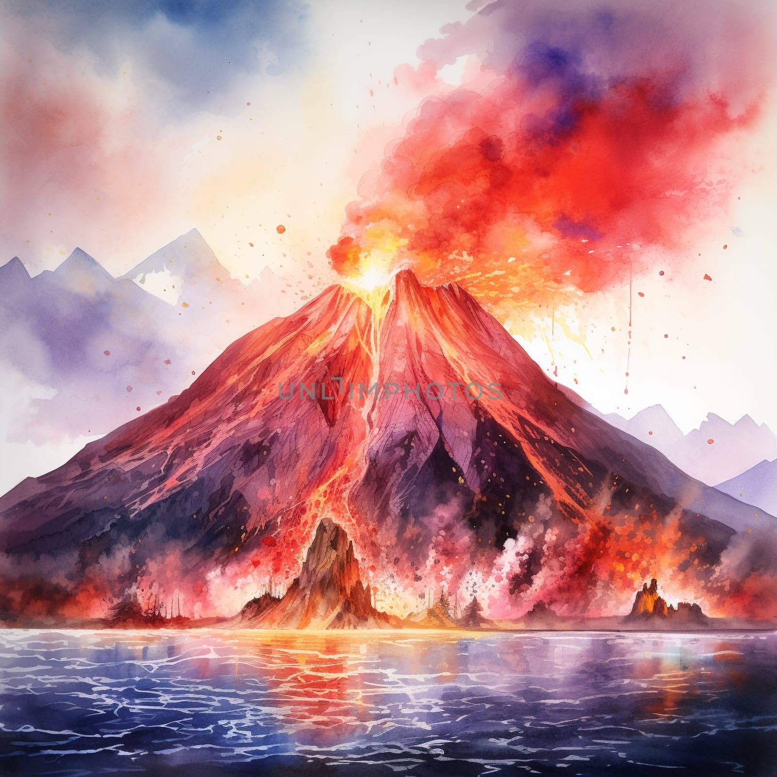 Immerse yourself in the delicate watercolor art style of 'Molten Symphony', an image inspired by the dramatic beauty of volcanic eruptions. With vibrant colors and fluid brushstrokes, this artwork ignites the imagination of viewers worldwide, capturing the raw power and awe-inspiring nature of these natural phenomena.