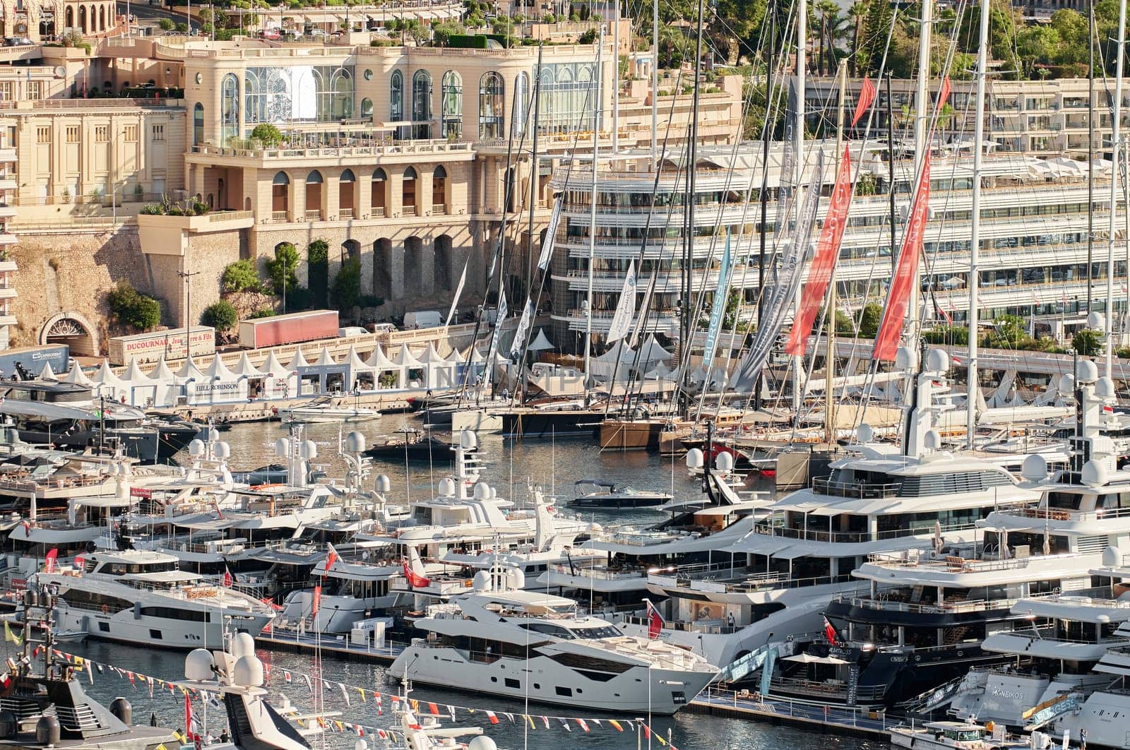 Monaco, Monte Carlo, 01 October 2022 - The famous motorboat exhibition at morning, mega yacht show, novelties of the boating industry. High quality photo