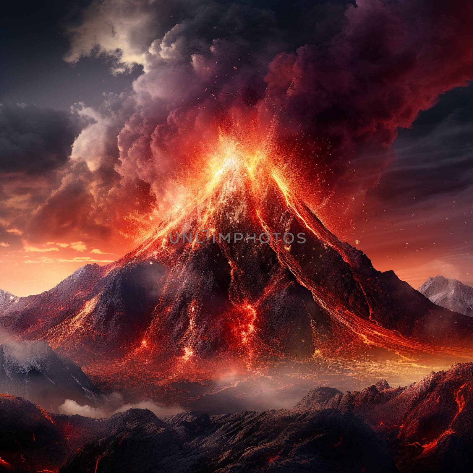 Witness the raw power and breathtaking beauty of a volcanic eruption with this intense and vivid image titled 'Firestorm Burst.' The scene depicts the awe-inspiring moment when molten lava violently explodes from the volcano's crater, creating a scorching cascade of fiery debris and billows of smoke that ascend into the darkened sky. The surrounding landscape is cloaked in darkness, illuminated solely by the vibrant glow of the red-hot lava and occasional flashes of distant lightning. This realistic digital painting style emphasizes the striking contrast between the fiery eruption and the ominous night sky, resulting in a captivating and evocative composition that evokes a wide range of reactions and emotions.