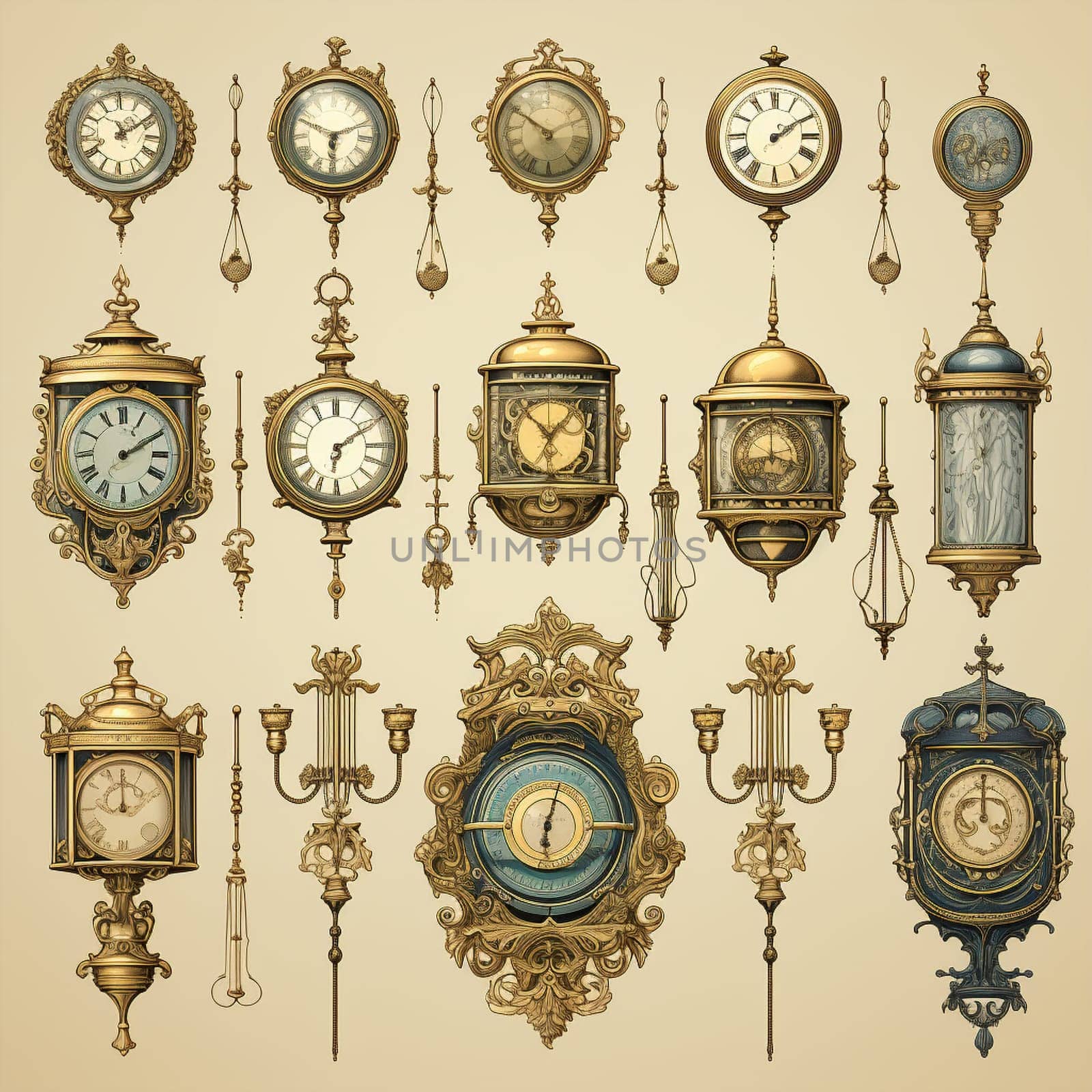 Step back in time with this hand-drawn vintage illustration that beautifully showcases a collection of exquisite antique clocks. Each clock in this sophisticated and harmonious arrangement is designed with unique details that add to its timeless charm and refinement. Admire the intricate craftsmanship and appreciate the history behind these elegant timepieces.