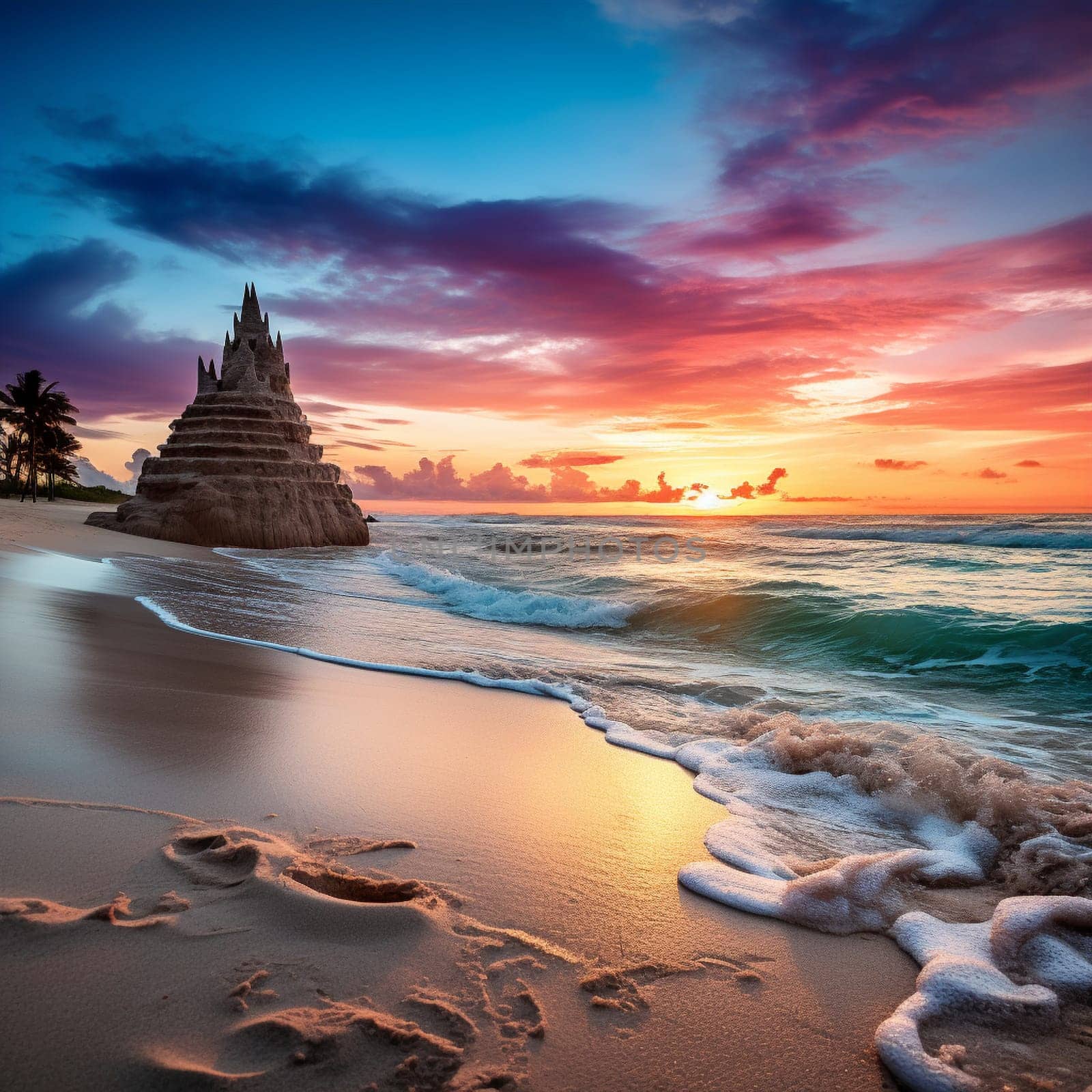 Immerse yourself in the beauty of this serene beach scene! The crystal clear turquoise water gently laps against the shore, creating a tranquil atmosphere. In the foreground, a small sand castle stands tall, untouched by the approaching tide, symbolizing the sense of fleeting moments frozen in time. The sky is ablaze with hues of orange and pink as the sun sets on the horizon, casting a warm glow over the scene. Just beyond the shoreline, a majestic wave forms, frozen in time, capturing the essence of perpetual motion and the timeless power of the ocean. The vibrant colors and calm, yet powerful energy of this everlasting surge are beautifully depicted in this artwork's artistic style.