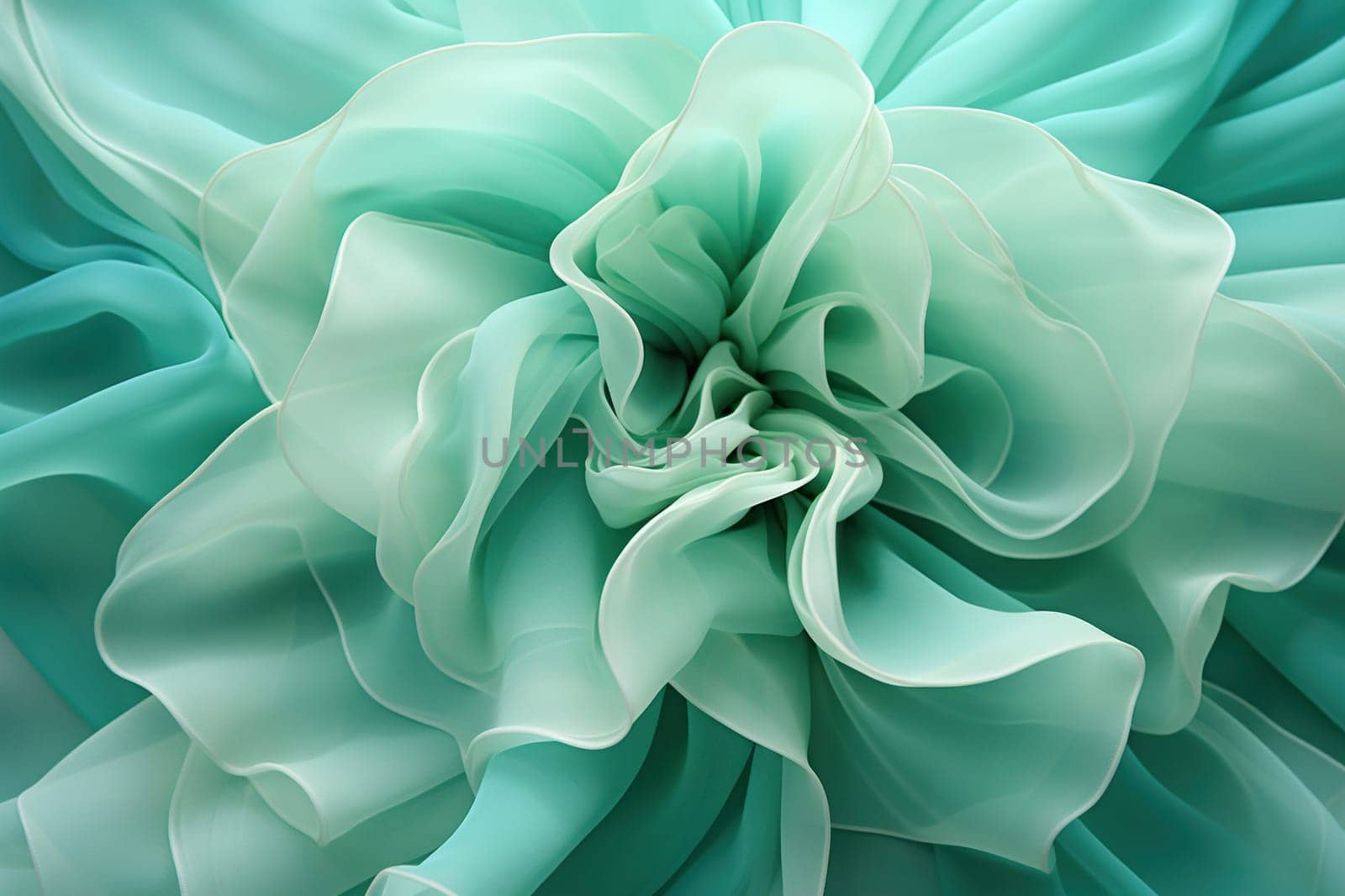 Wavy transparent turquoise fabric folded in the shape of a flower.
