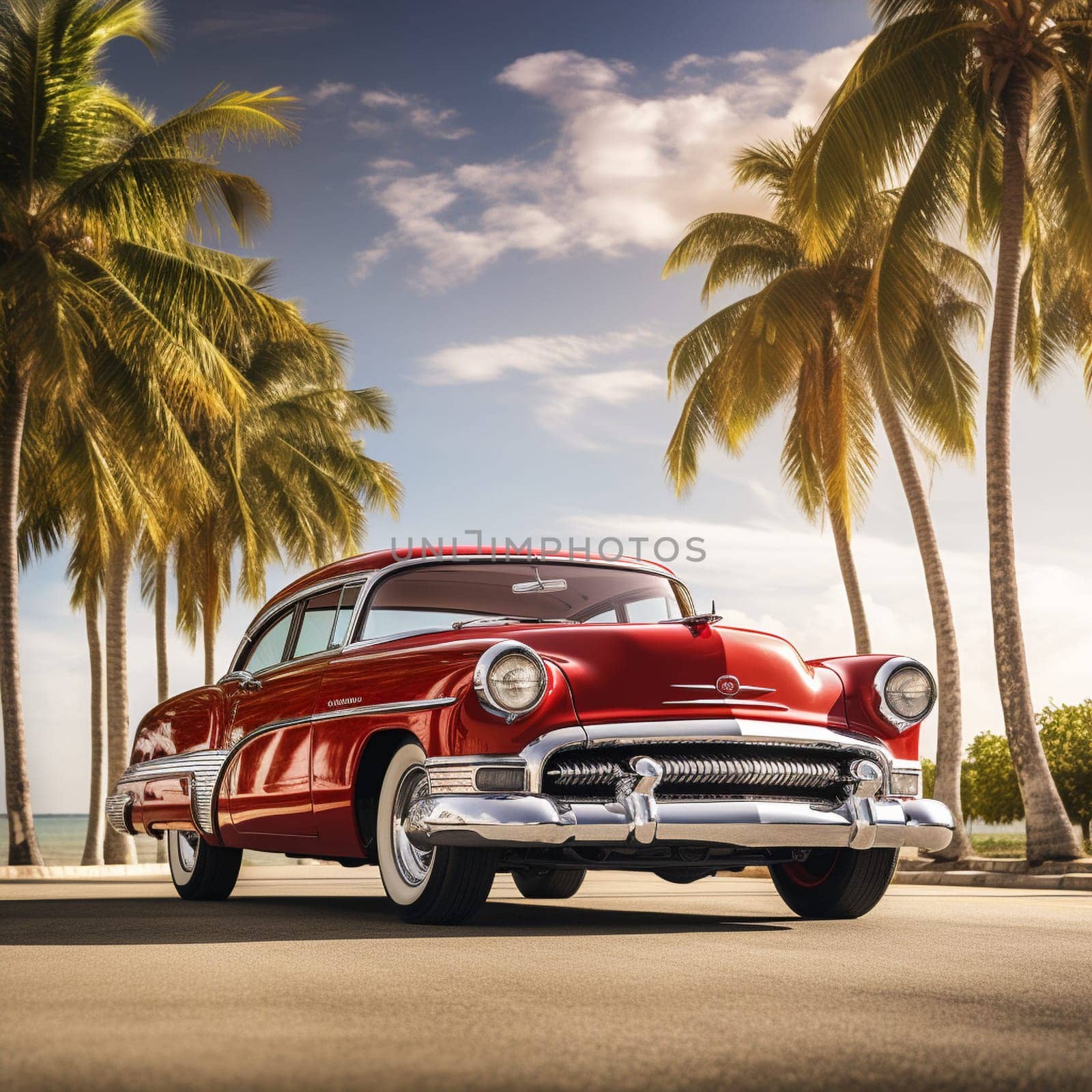 Immerse yourself in the timeless elegance of a grand vintage car straight out of the 1950s. Picture this classic automobile gliding along a sun-drenched coastal road, amidst vibrant palm trees and a serene ocean view. The car's polished chrome accents glisten under the warm sunlight, while its glossy candy apple red exterior embodies the epitome of luxury. The driver, adorned in dapper attire, proudly navigates the winding road with a confident smile. Let this retro-inspired art style beautifully accentuate the nostalgic charm of these vintage cars and transport you to an era of vintage car luxury.