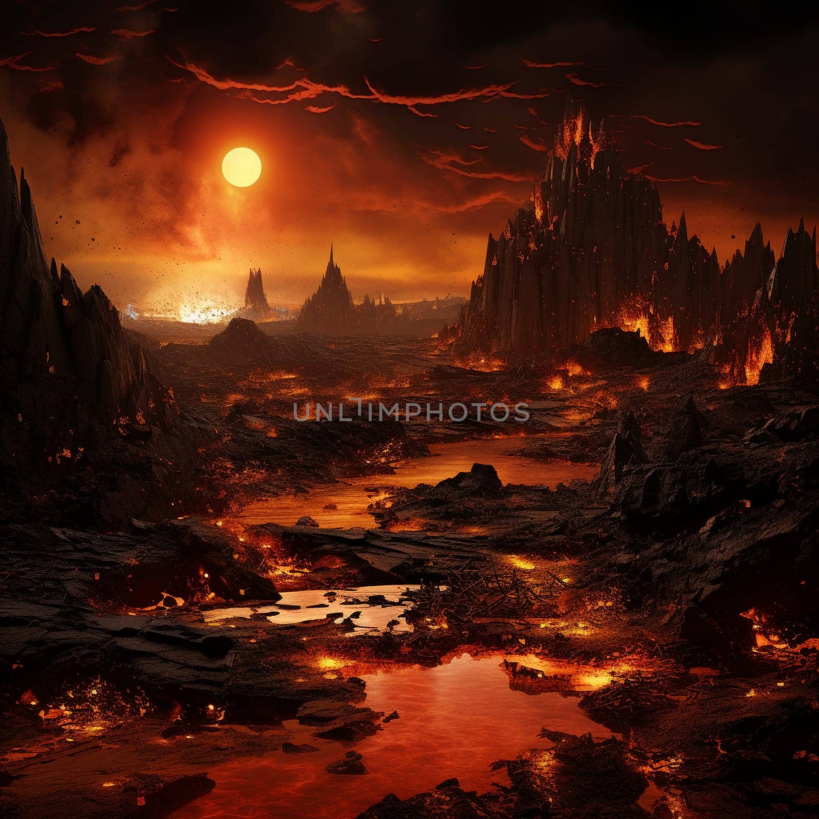 Immerse yourself in this mesmerizing and powerful image of a surreal landscape, depicting the aftermath of a volcanic eruption. The ground is split open, with molten lava and ash erupting into the air, creating a scene of destruction and raw power. The entire area is bathed in a fiery glow, casting an eerie light on the surroundings. To add a sense of otherworldliness, the image incorporates elements of mysticism and fantasy, such as floating islands and ethereal creatures. The vibrant and highly detailed art style, with a touch of impressionism, adds a dreamlike quality to the scene. This artwork captures the eternal and relentless power of the Earth, evoking both awe and fear.