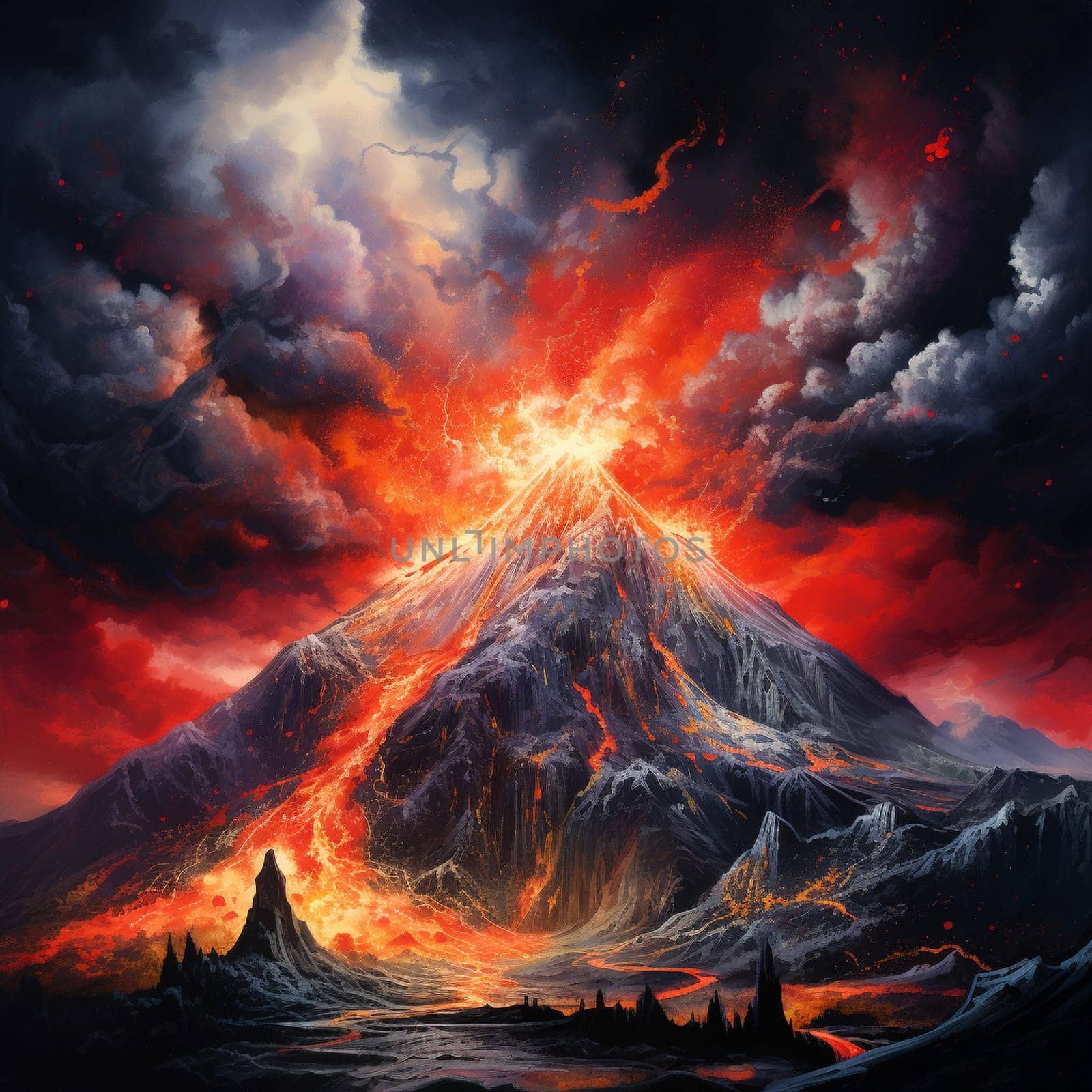 Be mesmerized by the breathtaking volcanic eruption in this vibrant and dynamic artwork. The scene captures the raw energy and destructive force of nature, with billowing smoke and ash, glowing hot lava cascading down the mountainside, and an intense fiery glow illuminating the night sky. The composition evokes a sense of awe and power, captivating viewers with its vivid depiction of the volcanic eruption.