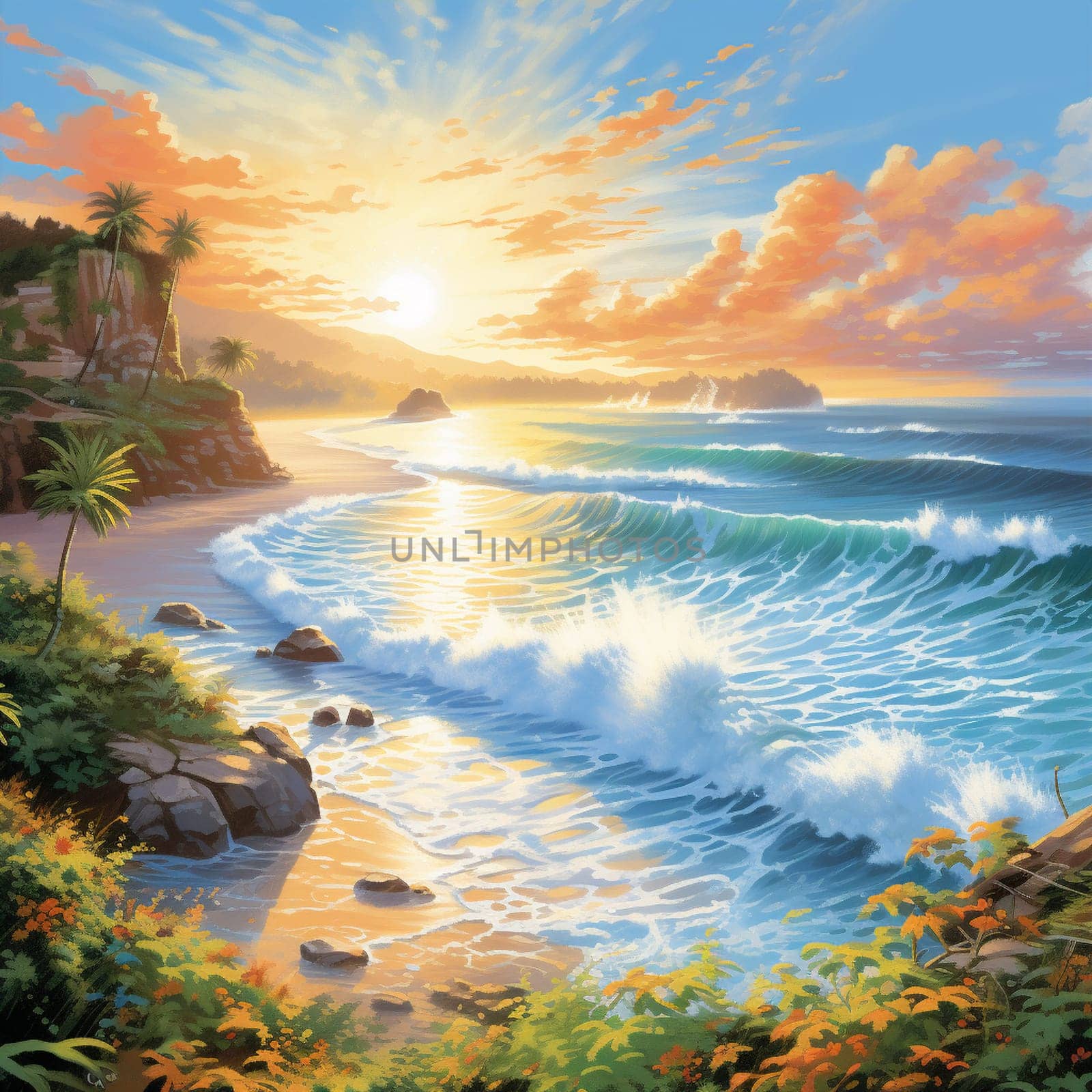 Immerse yourself in the serenity of Whispering Waves, an enchanting artwork that captures the beauty and tranquility of a picturesque coastline meeting a tranquil ocean. In this vibrant, illustrative art style, the gentle waves caress the shore, creating soothing ripples that seem to carry whispers of the ocean's secrets on the breeze. The soft color palette and dappled sunlight cast a warm glow over the landscape, evoking a sense of peacefulness and serenity. Transport yourself to this magical place where nature's whispers embrace you and discover the hidden mysteries of the sea.