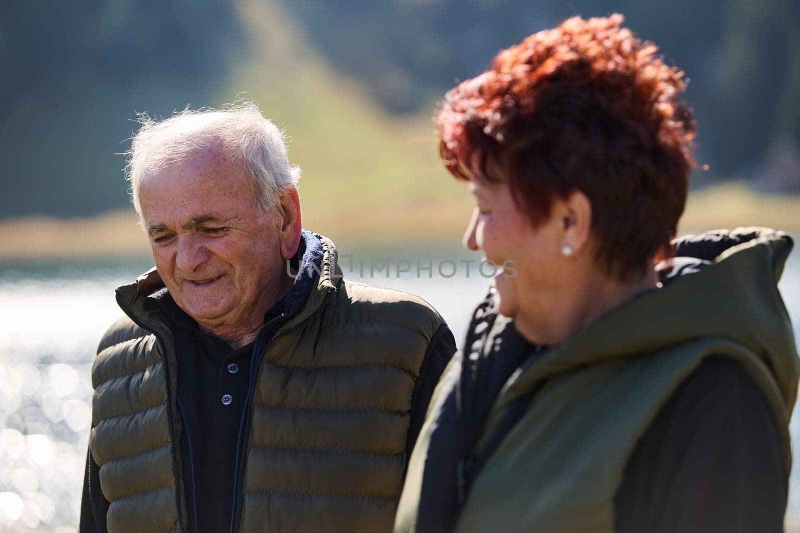 Elderly couple strolling through the breathtaking beauty of nature, maintaining their vitality and serenity, embracing the joys of a health-conscious and harmonious lifestyle by dotshock