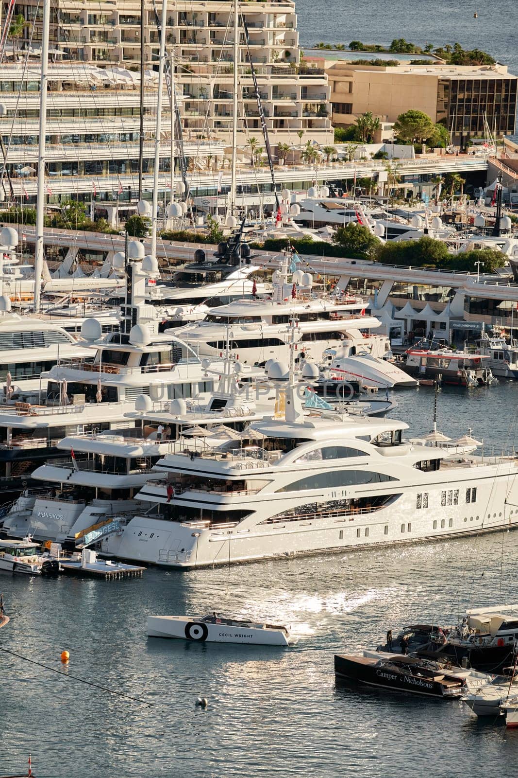 Monaco, Monte Carlo, 01 October 2022 - The famous motorboat exhibition at morning, mega yacht show, novelties of the boating industry. High quality photo