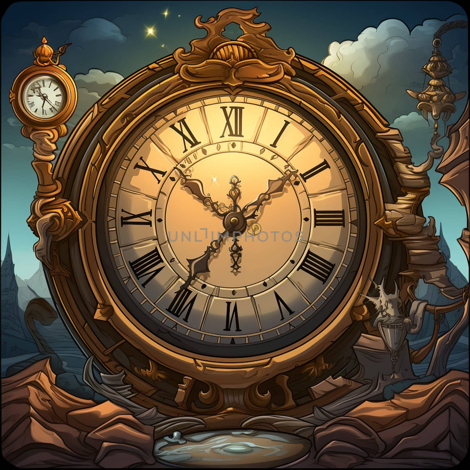 Step into a magical world where vintage clocks come to life in this whimsical illustration. Each clock has its own unique personality and story to tell, from a clock tower detective solving mysterious cases, to a pocket watch exploring hidden realms, or a grandfather clock orchestrating a magical symphony. The scene is filled with delightful details like intricate clockwork mechanisms, aged patina, and a touch of fantasy. Let the Tick Tock Tales of Vintage Clocks unfold before your eyes!
