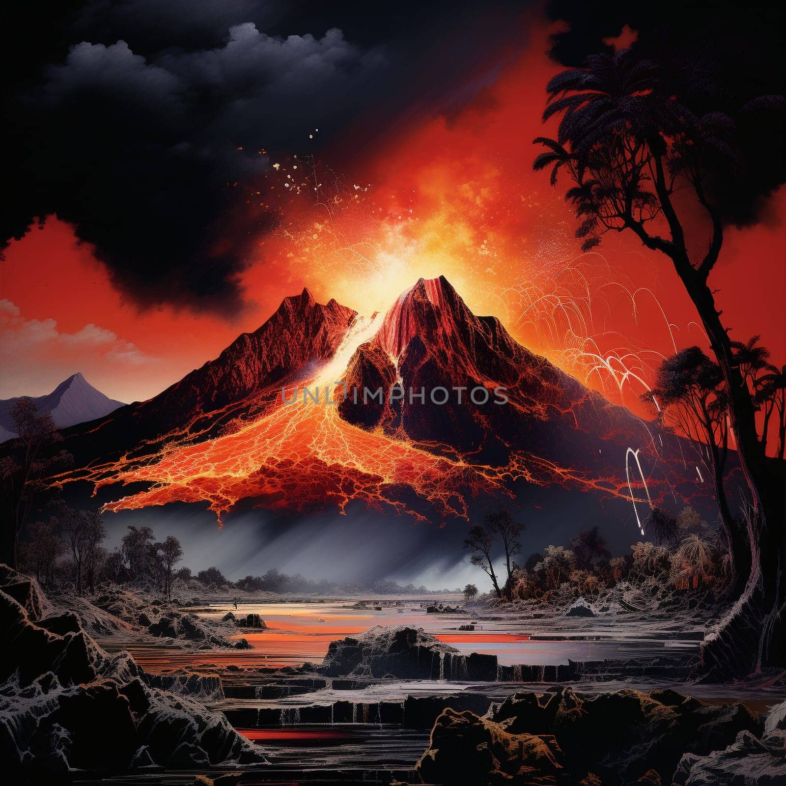 Witness the raw power and breathtaking beauty of a volcanic eruption with this intense and vivid image titled 'Firestorm Burst.' The scene depicts the awe-inspiring moment when molten lava violently explodes from the volcano's crater, creating a scorching cascade of fiery debris and billows of smoke that ascend into the darkened sky. The surrounding landscape is cloaked in darkness, illuminated solely by the vibrant glow of the red-hot lava and occasional flashes of distant lightning. This realistic digital painting style emphasizes the striking contrast between the fiery eruption and the ominous night sky, resulting in a captivating and evocative composition that evokes a wide range of reactions and emotions.