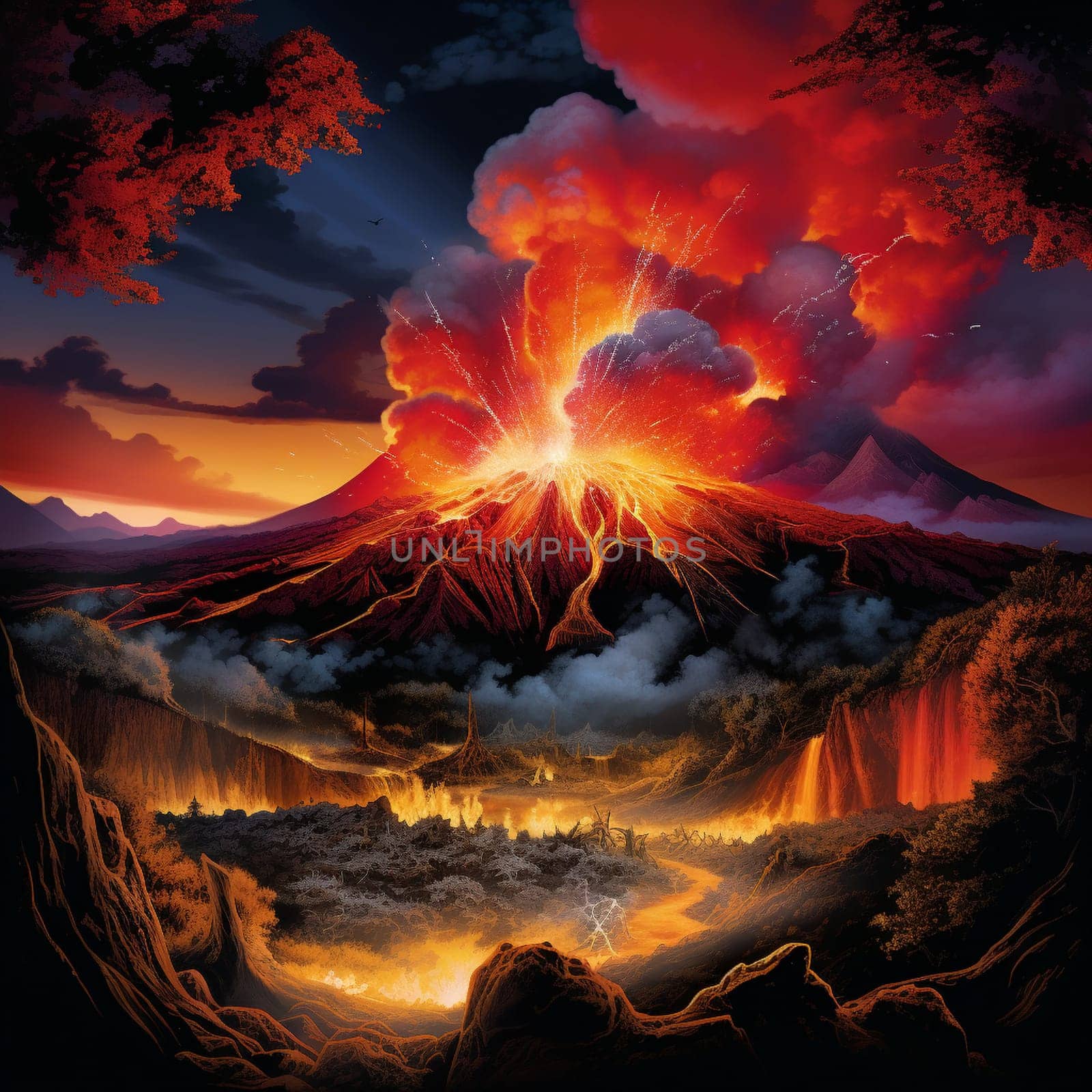 Experience the awe-inspiring beauty of nature with 'Magma's Serenade.' This mesmerizing image depicts a volcanic eruption at twilight, where molten lava gracefully flows down a mountainside, creating an ethereal glow that illuminates the surrounding landscape. The scene epitomizes a delicate harmony between the explosive power of nature and the serene beauty of the moment. Witness glowing ember-like sparks dancing in the air, wisps of smoke gracefully rising, and a star-studded night sky providing a striking backdrop, evoking a range of emotions in viewers. The vibrant and slightly surreal art style captures the scene's splendor, effortlessly captivating all who lay their eyes upon it.