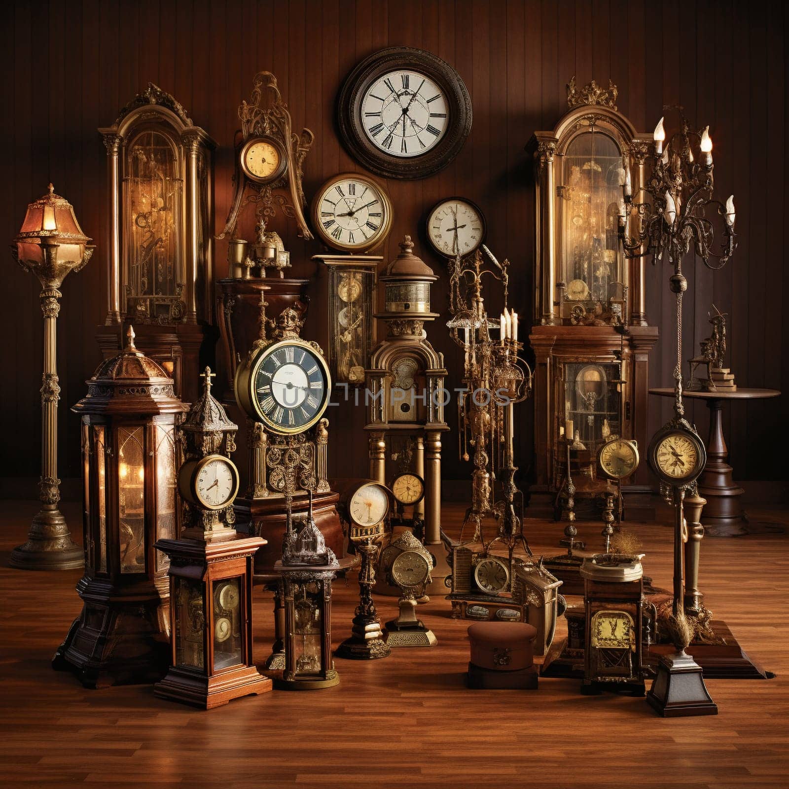 Step back in time with this mesmerizing vintage clock collection displayed against a vibrant backdrop. Each antique clock is uniquely ornate, exuding a sense of history and mystery. From pocket watches adorned with elaborate engravings to grandfather clocks standing tall with intricate woodwork, this collection embodies the charm of a bygone era. The scene is softly illuminated with warm lighting, enhancing the nostalgic ambiance. Subtle hints of time's passing, like fading wallpaper and cracked walls, add to the allure. This artfully crafted image captures the essence of vintage aesthetics while ensuring its visual appeal to a wide audience on microstock sites.