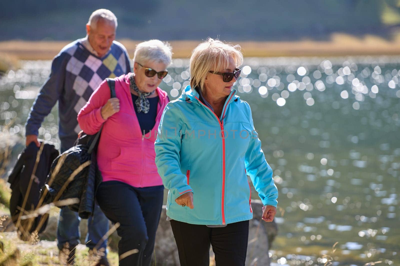 A family shares delightful moments with their friends amid the stunning landscapes of mountains, lakes, and winding paths, promoting a healthy lifestyle and the joy of familial bonds in the embrace of nature's beauty by dotshock