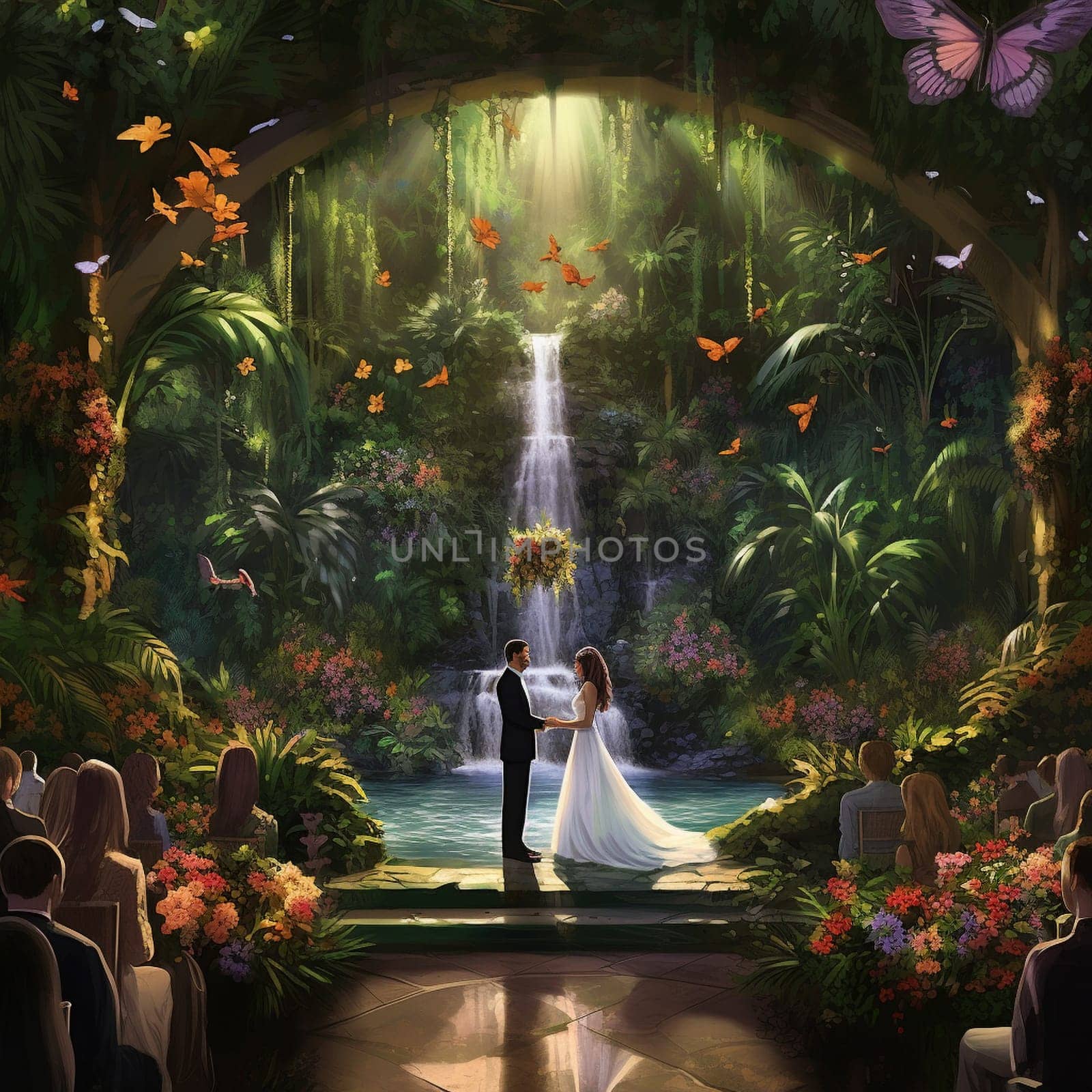 Immerse yourself in the enchanting scene of Emerald Oasis: Vows Exchanged in a Verdant Sanctuary. This impressionistic masterpiece captures the serenity and romance of a lush and vibrant sanctuary. The lush green foliage creates a verdant backdrop, while the cascading waterfall becomes the focal point of the image. Amidst the idyllic scenery, two individuals are seen exchanging wedding vows, their love celebrated in nature's embrace. Blooming flowers and shimmering butterflies add an ethereal touch to the atmosphere, evoking a sense of tranquility and enchantment. Let this captivating image transport you to a world of natural beauty and everlasting love.