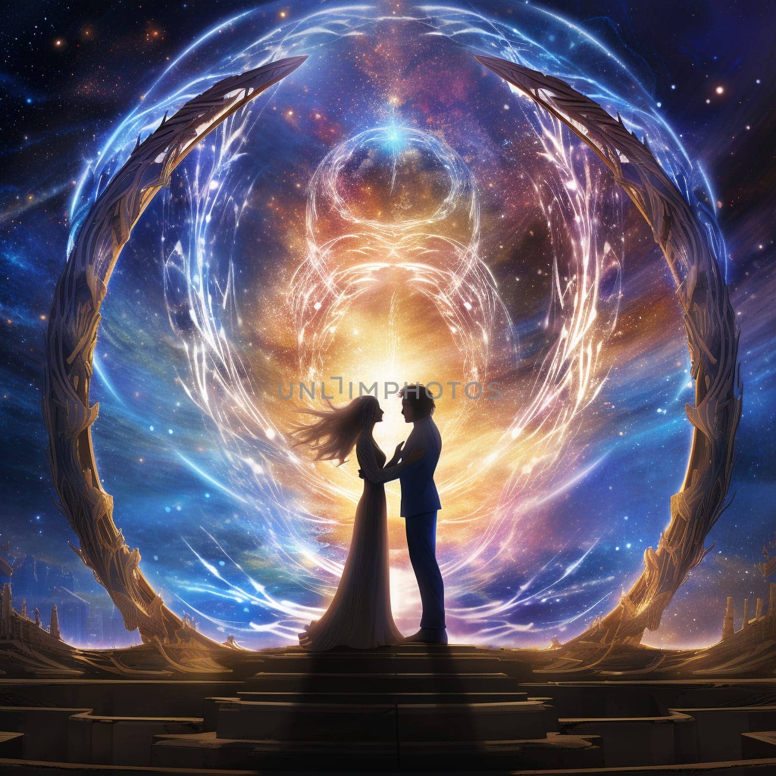 Immerse yourself in a world of love and cosmic wonder with this vibrant and surreal image. Witness a couple standing under a glowing cosmic archway, surrounded by intertwining celestial elements as they exchange heartfelt vows. The fantasy-inspired art style adds an ethereal beauty to the scene, captivating viewers and evoking emotions of love, wonder, and cosmic connection.