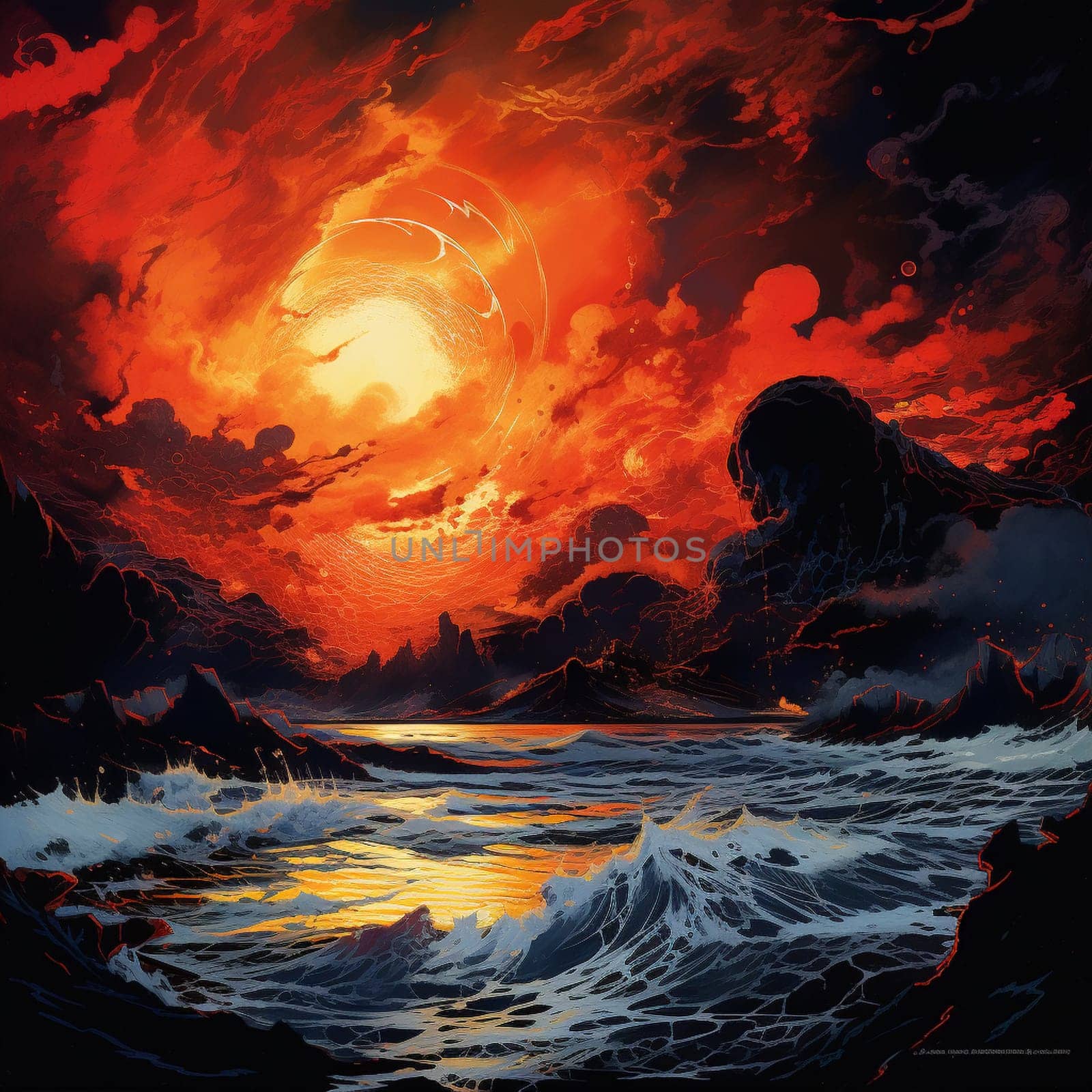 Experience the awe-inspiring power of nature with this breathtaking image of a Volcanic Whirlpool. In this artistic depiction, the raw intensity of a volcanic eruption is captured, conveying the swirling motion of fiery lava and billowing smoke forming a vortex-like shape. The composition also includes the silhouettes of brave explorers or fleeing wildlife in the foreground, adding a touch of danger to the scene. This image is sure to captivate viewers and ignite their curiosity about the untamed forces of nature.